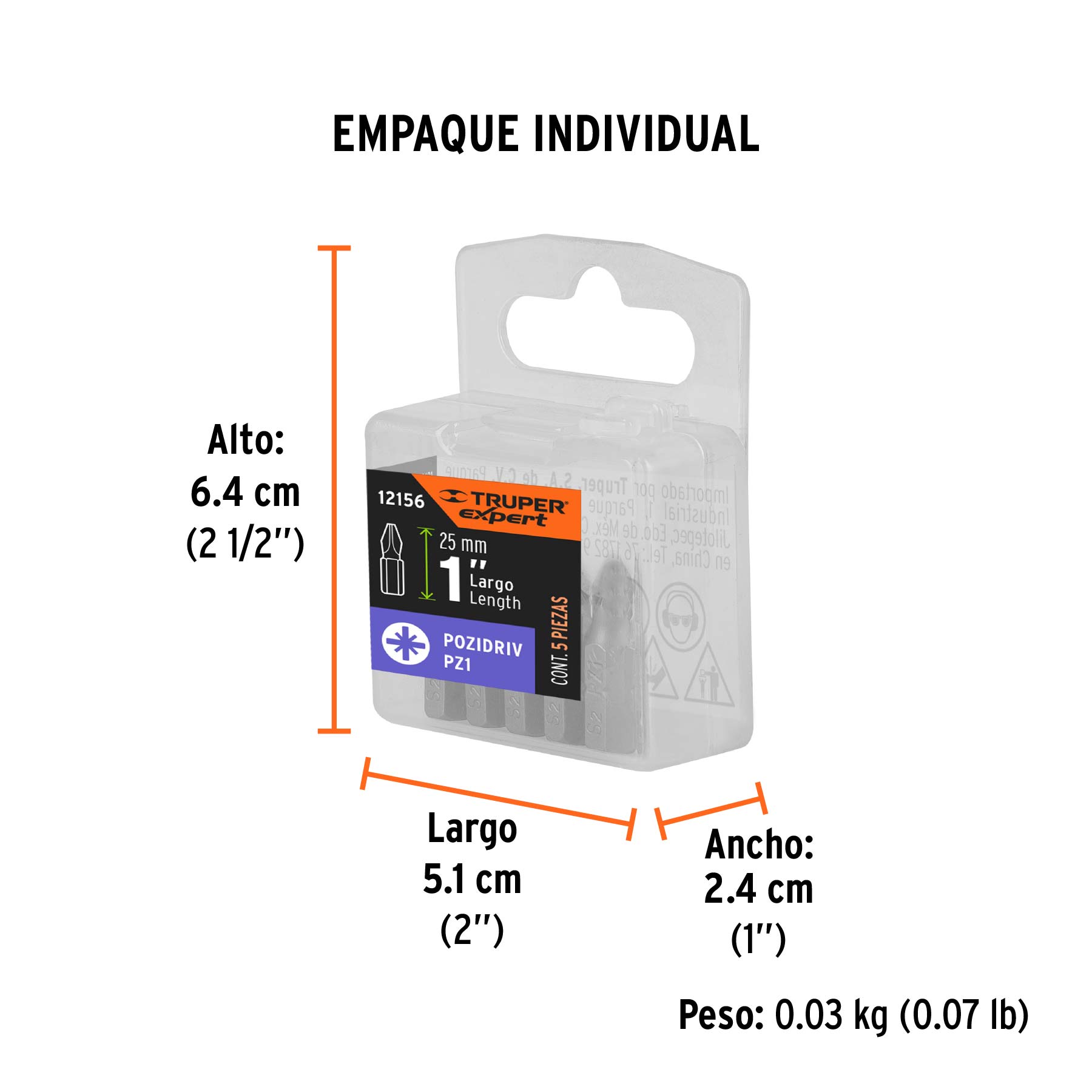 Estuche con 5 puntas pozidriv PZ1 largo 1", TRUPER EXPERT - Empaque