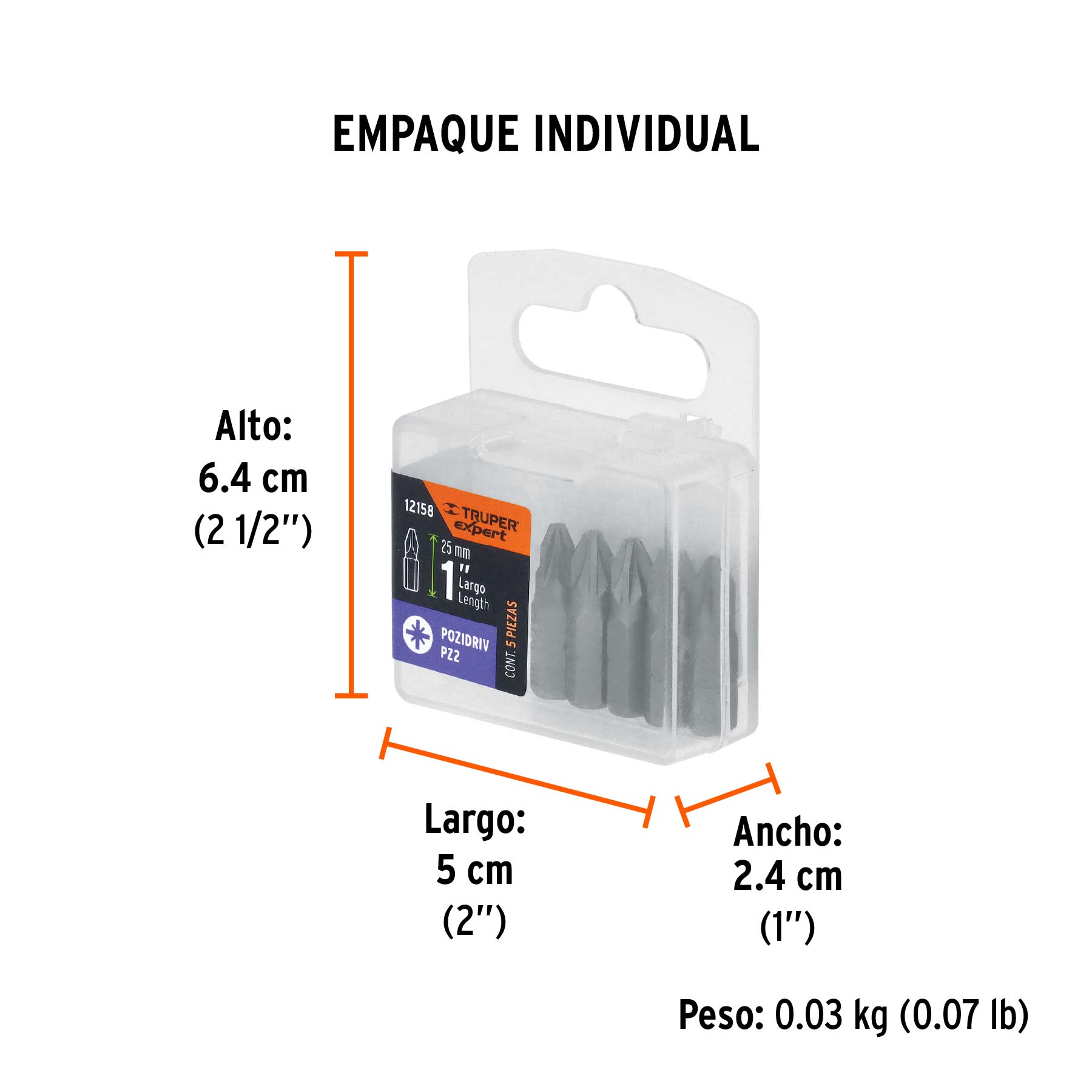 Estuche con 5 puntas pozidriv PZ2 largo 1", TRUPER EXPERT - Empaque