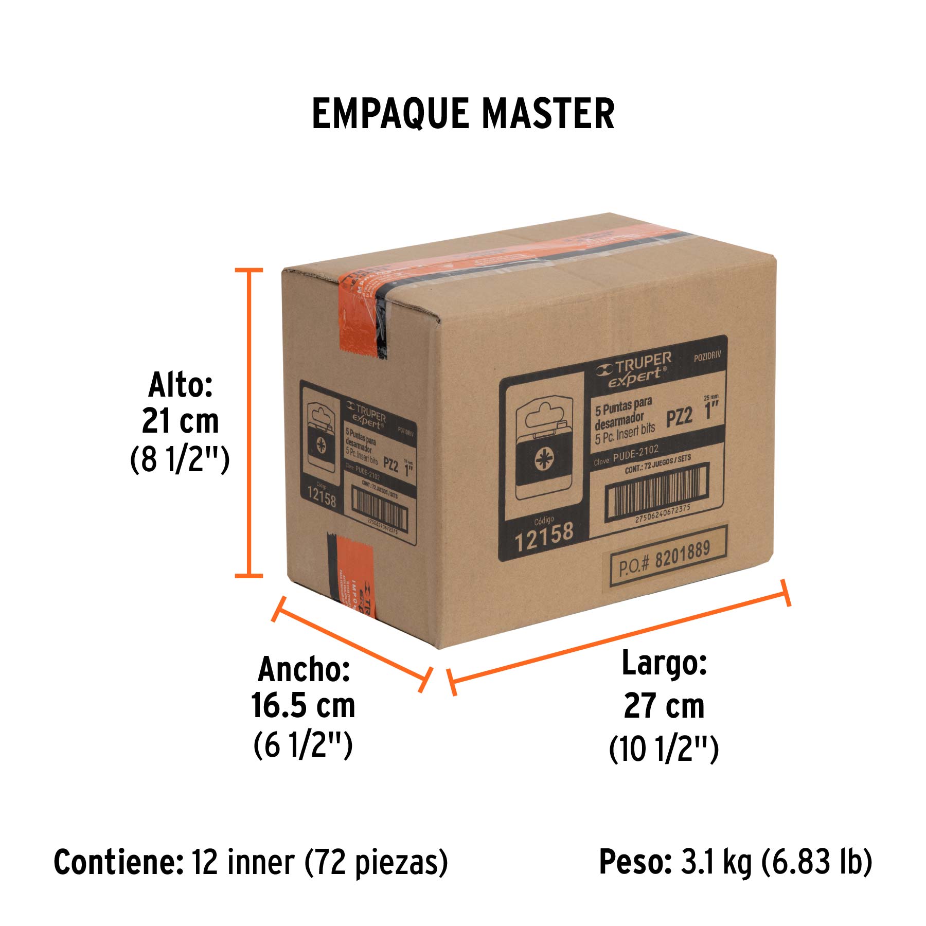 Estuche con 5 puntas pozidriv PZ2 largo 1", TRUPER EXPERT - Empaque