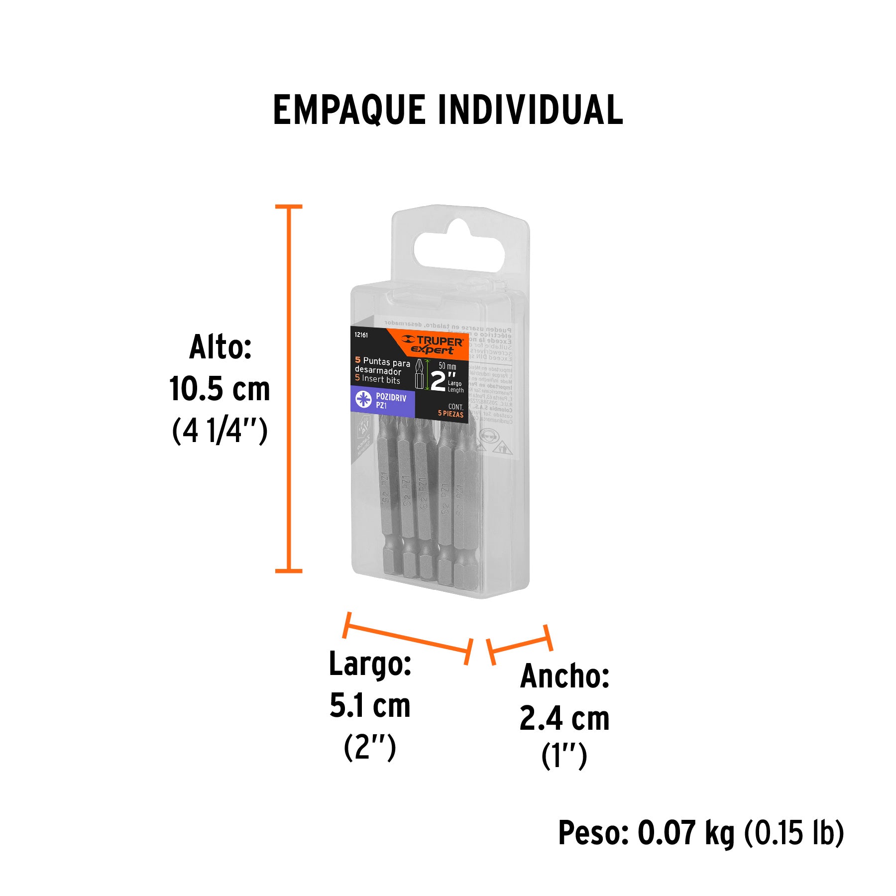 Estuche con 5 puntas pozidriv PZ1 largo 2", TRUPER EXPERT - Empaque