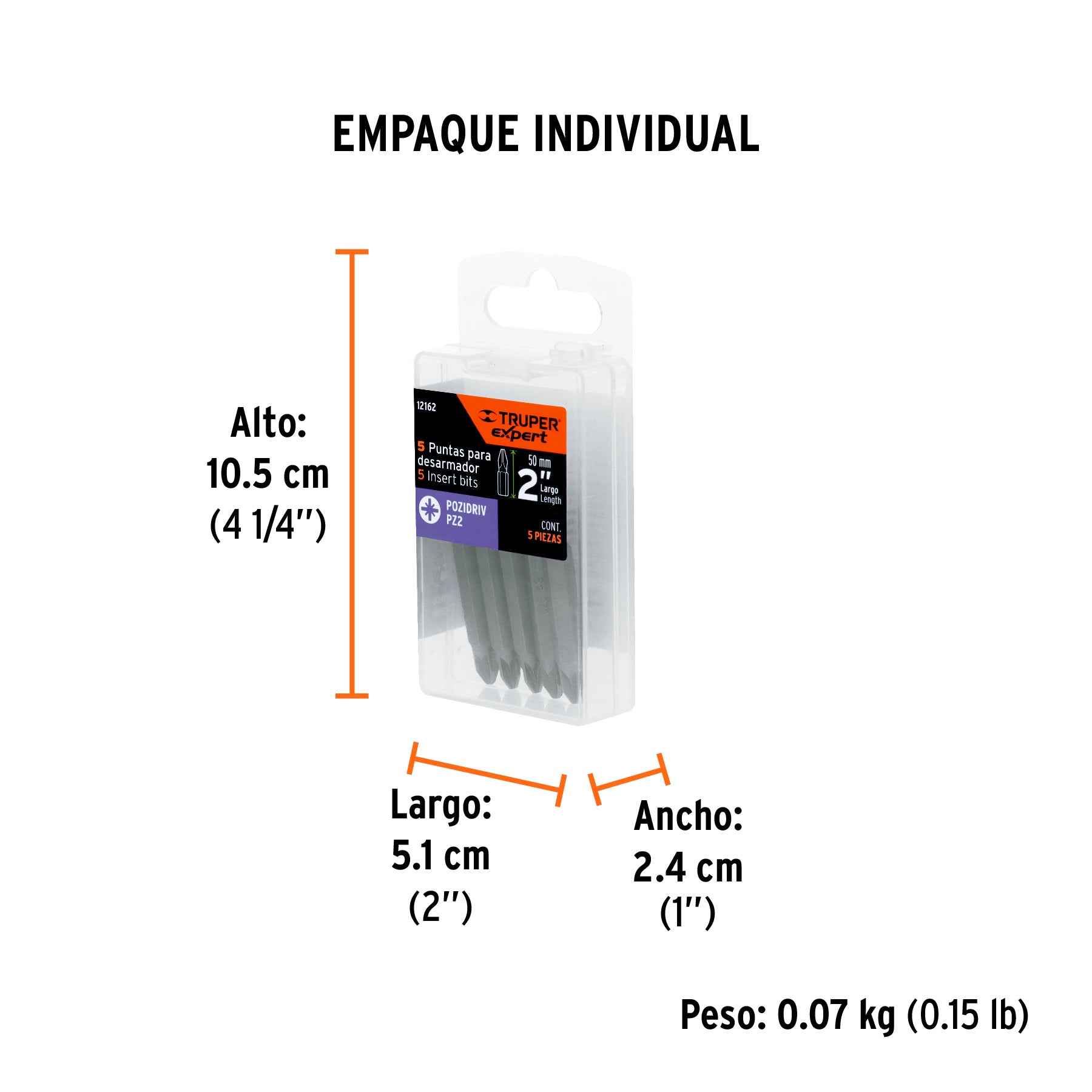 Estuche con 5 puntas pozidriv PZ2 largo 2", TRUPER EXPERT - Empaque