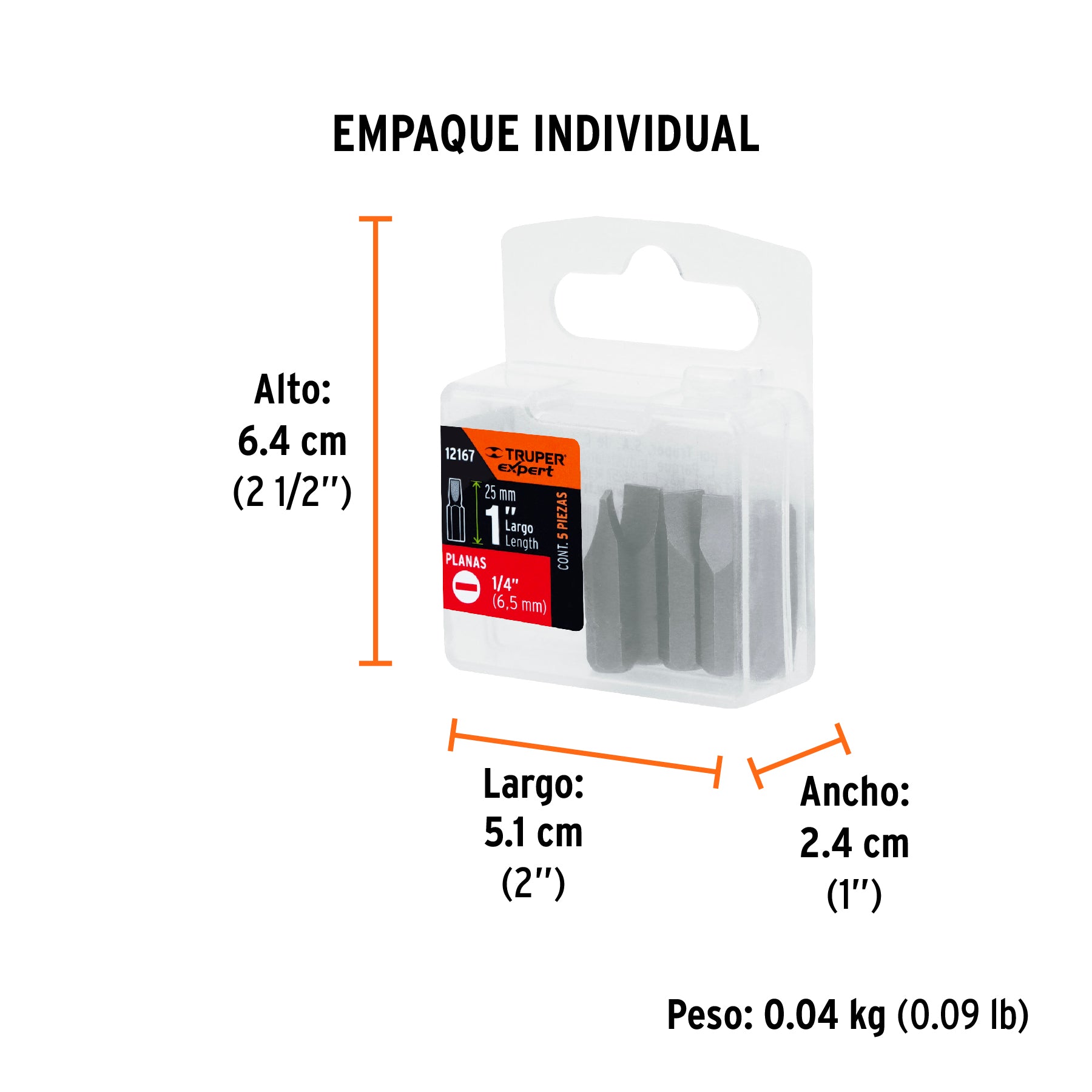 Estuche con 5 puntas planas de 1/4" largo 1", TRUPER EXPERT - Empaque