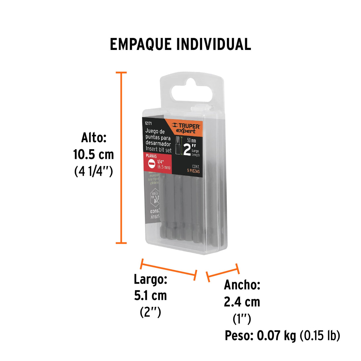 Estuche con 5 puntas planas de 1/4" largo 2", TRUPER EXPERT - Empaque