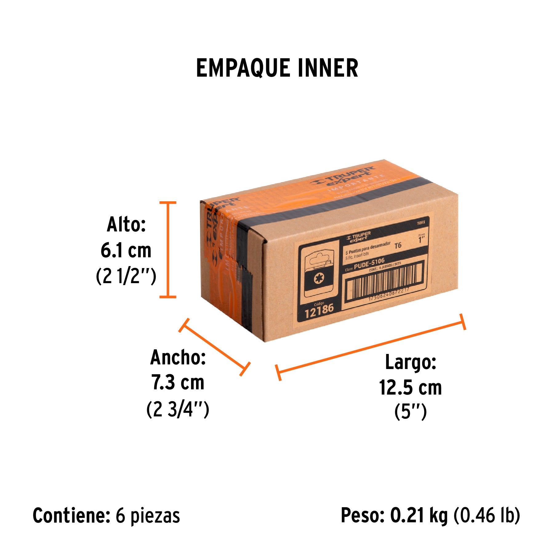 Estuche con 5 puntas torx T6 largo 1", TRUPER EXPERT - Empaque