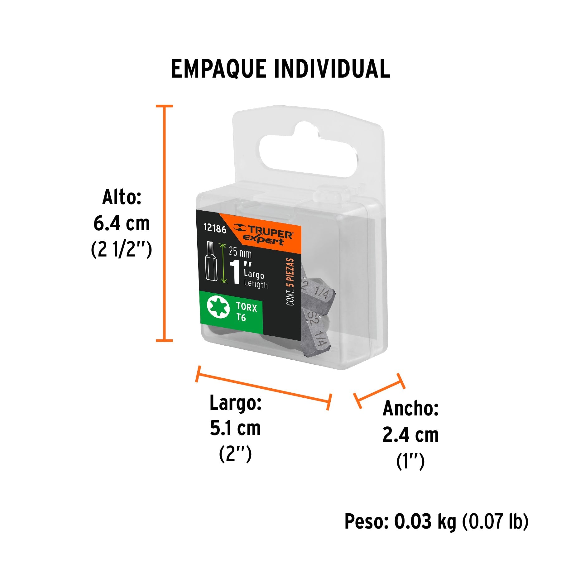 Estuche con 5 puntas torx T6 largo 1", TRUPER EXPERT - Empaque