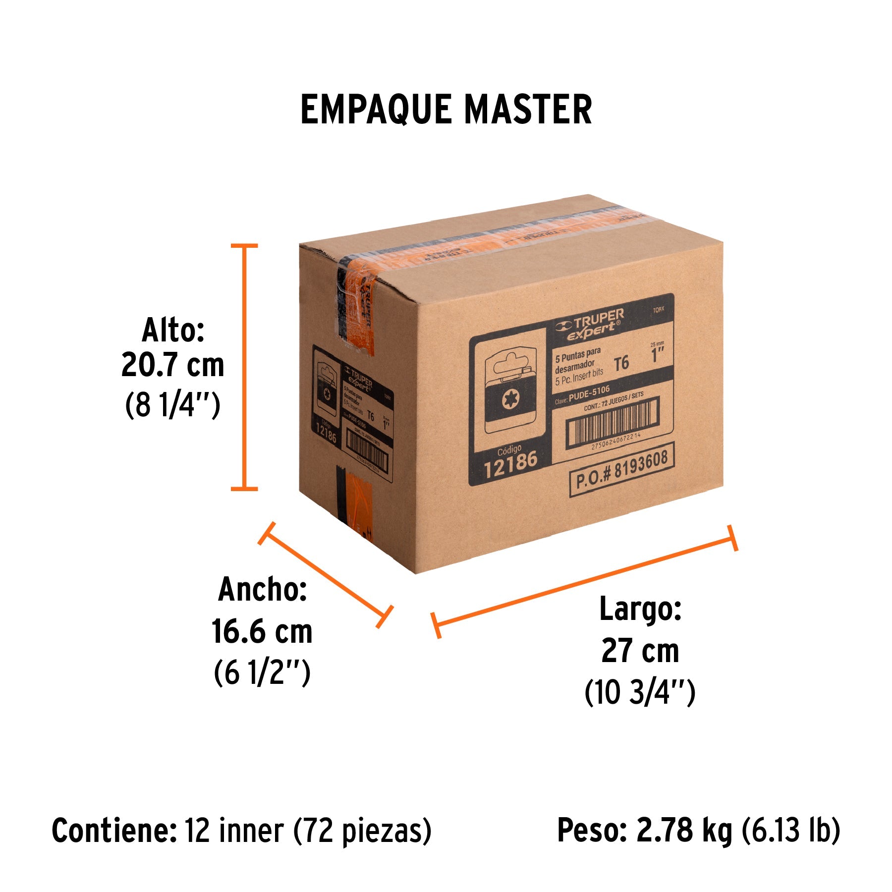 Estuche con 5 puntas torx T6 largo 1", TRUPER EXPERT - Empaque