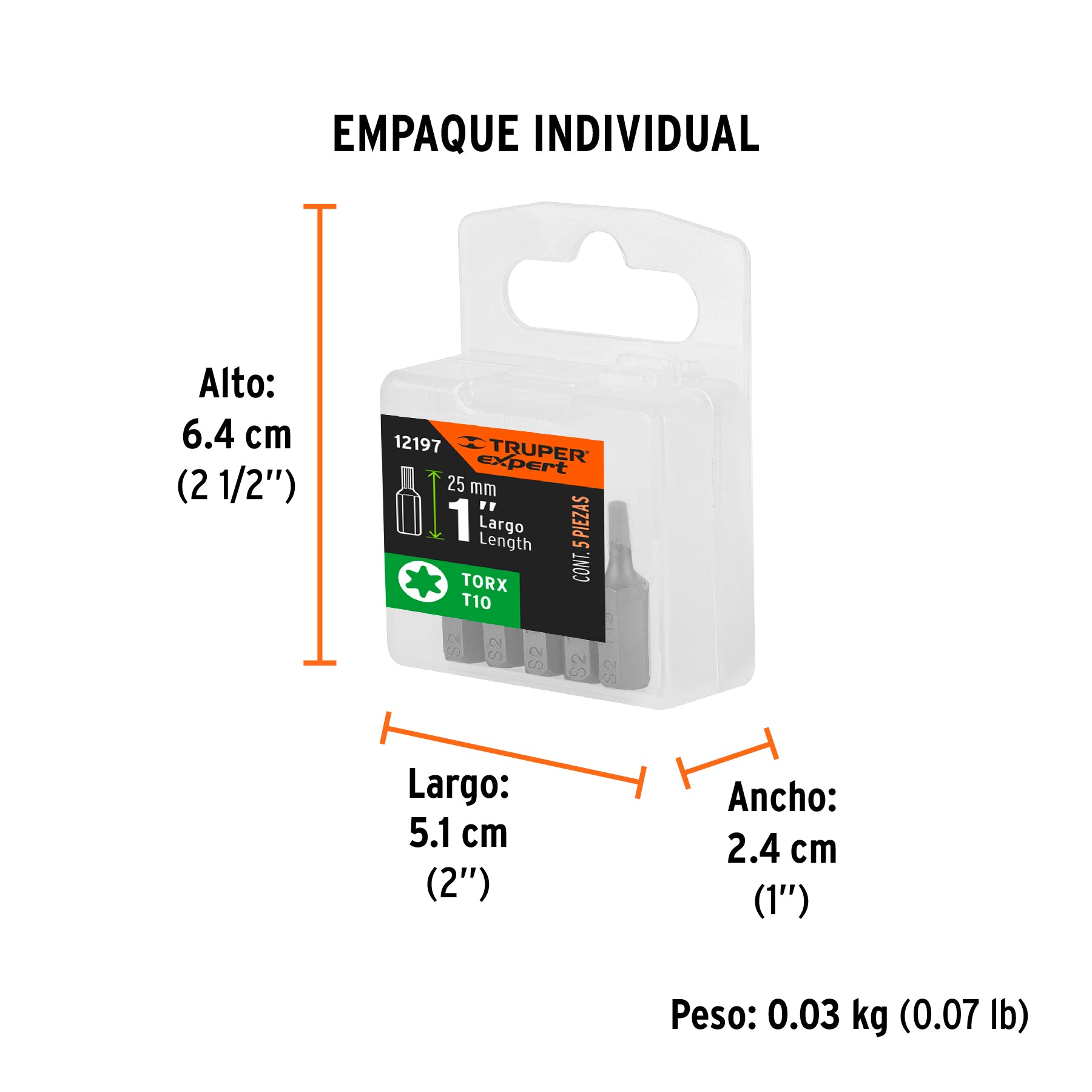 Estuche con 5 puntas torx T10 largo 1", TRUPER EXPERT - Empaque