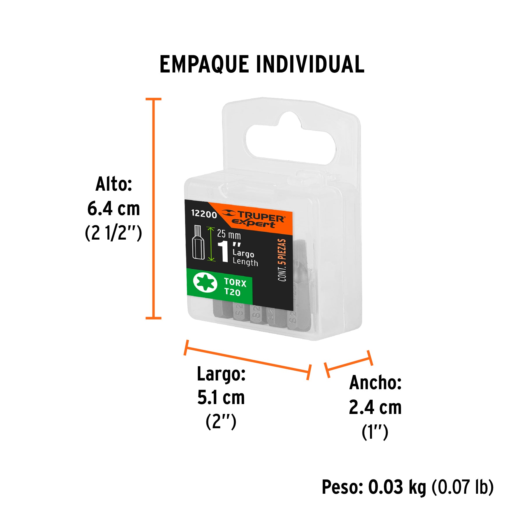 Estuche con 5 puntas torx T20 largo 1", TRUPER EXPERT - Empaque
