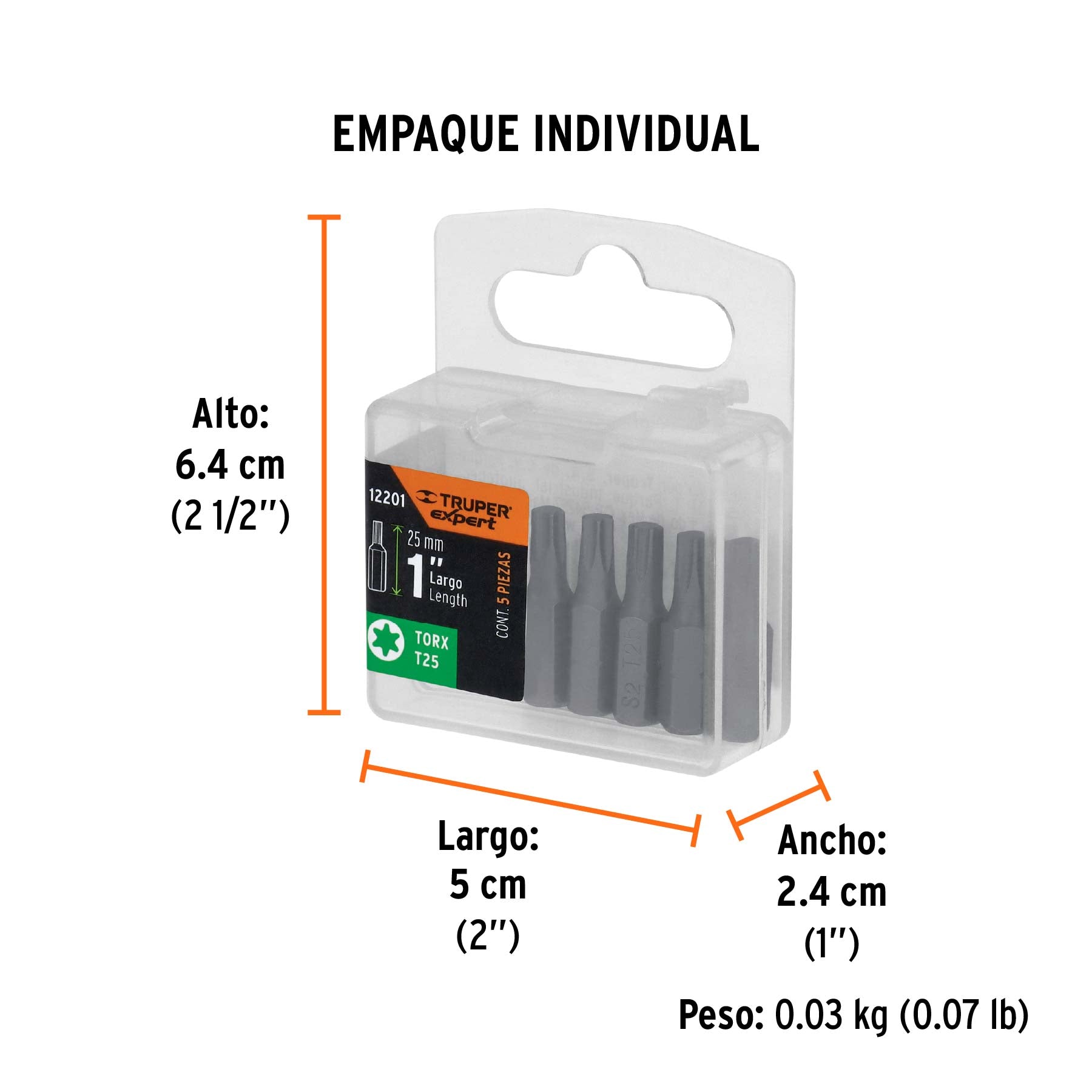 Estuche con 5 puntas torx T25 largo 1", TRUPER EXPERT - Empaque
