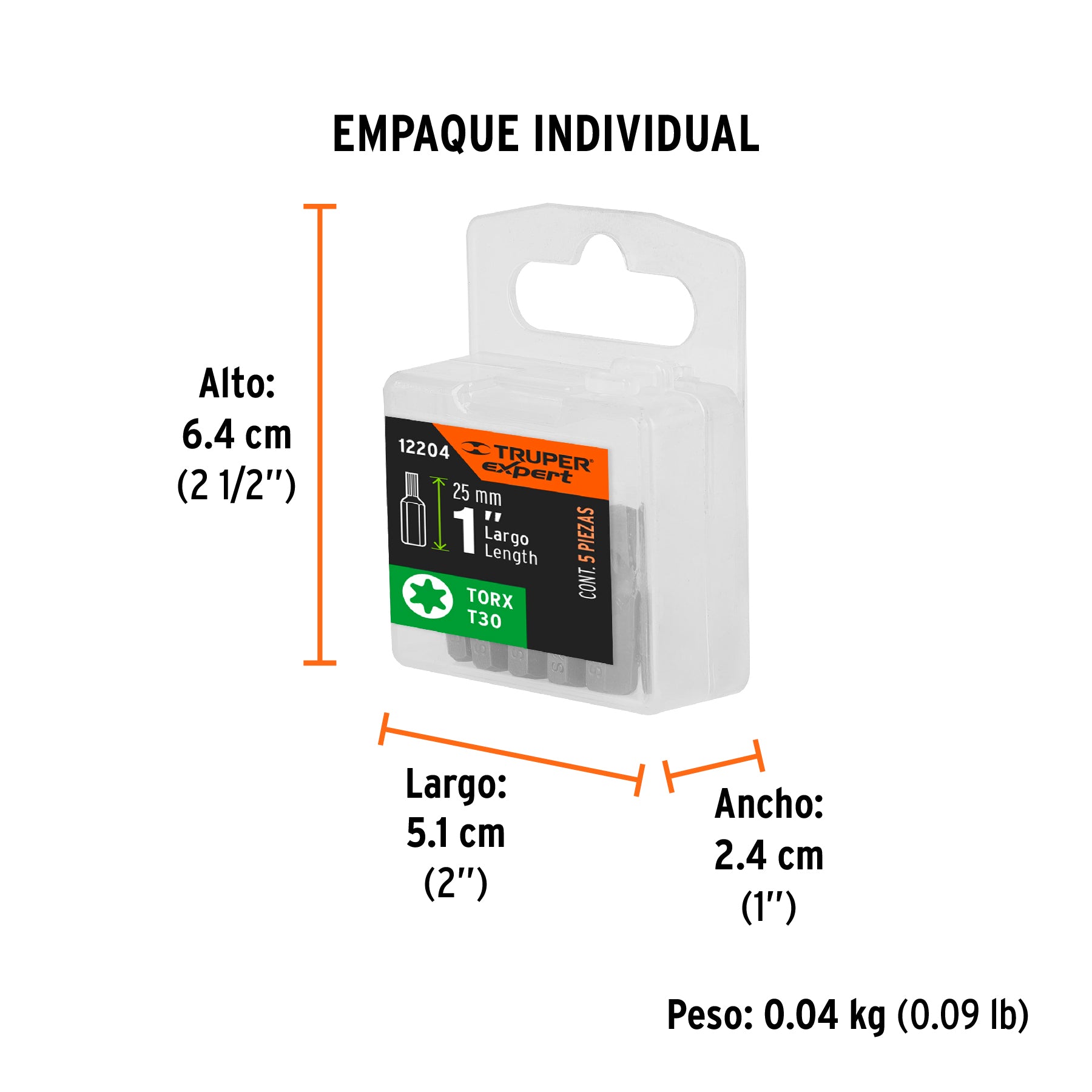 Estuche con 5 puntas torx T30 largo 1", TRUPER EXPERT - Empaque