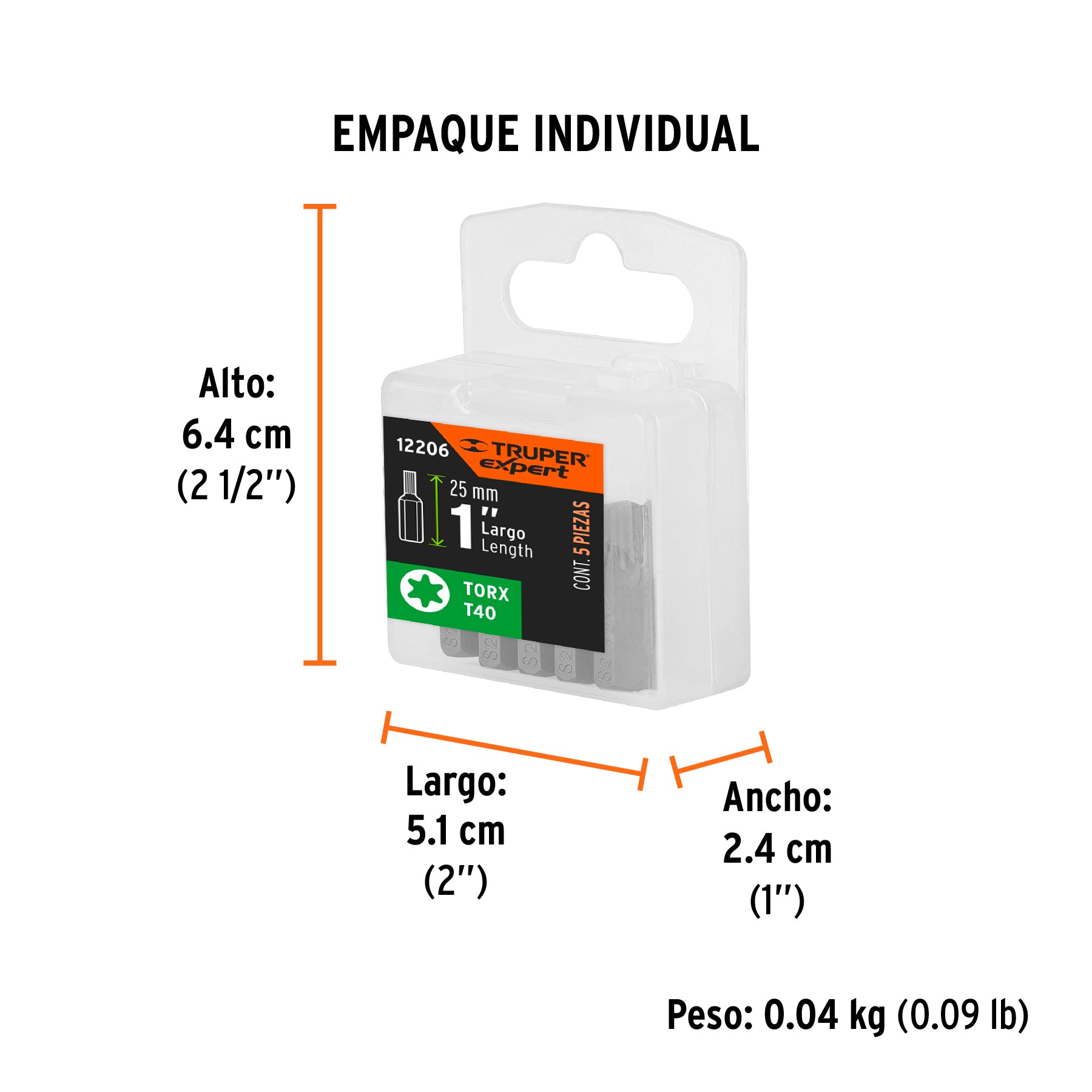 Estuche con 5 puntas torx T40 largo 1", TRUPER EXPERT - Empaque