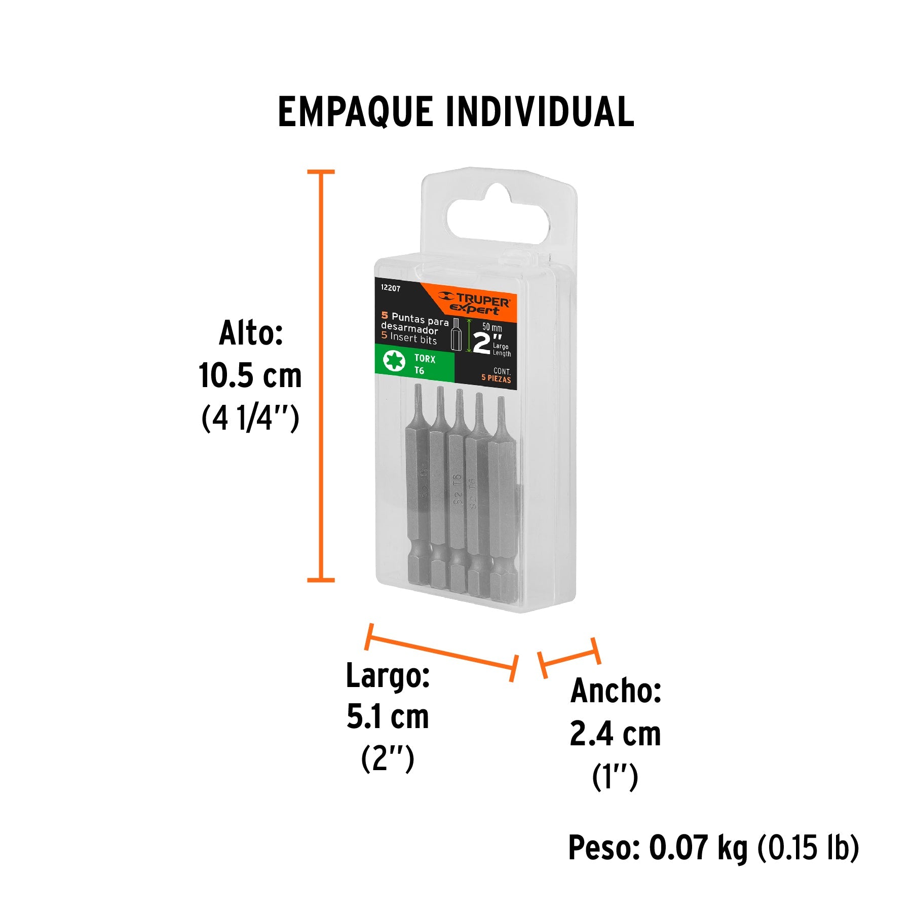 Estuche con 5 puntas torx T6 largo 2", TRUPER EXPERT - Empaque