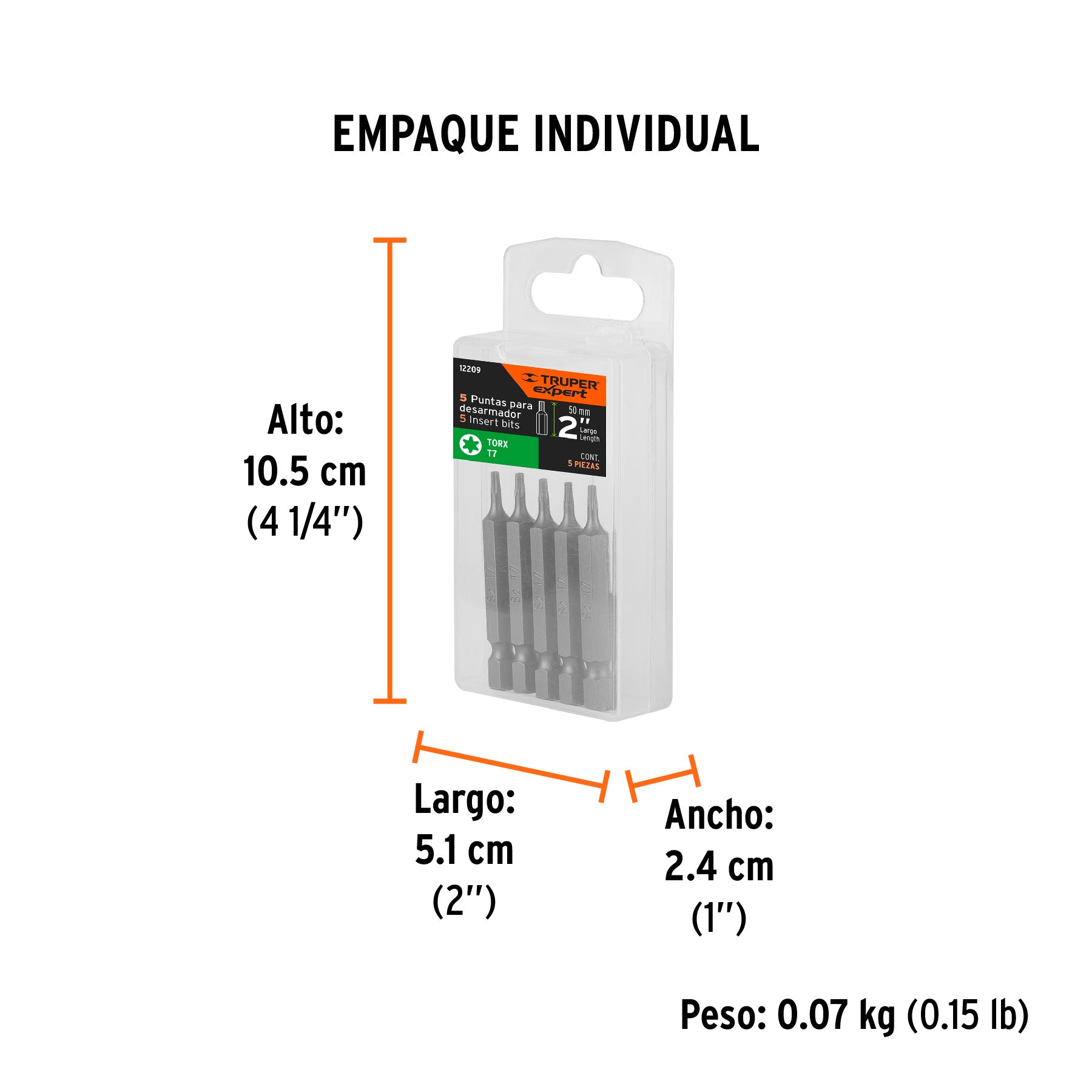 Estuche con 5 puntas torx T7 largo 2", TRUPER EXPERT - Empaque