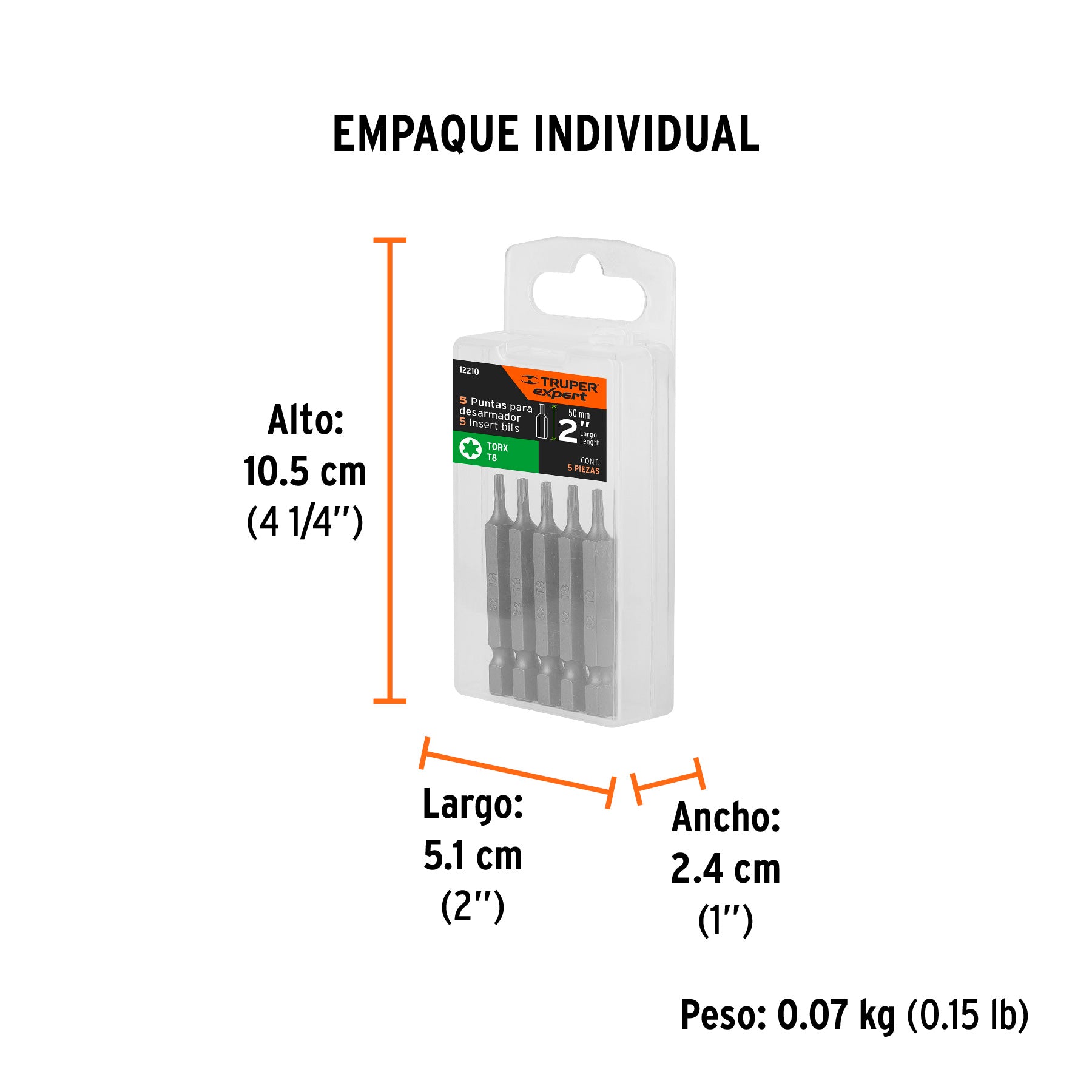 Estuche con 5 puntas torx T8 largo 2", TRUPER EXPERT - Empaque
