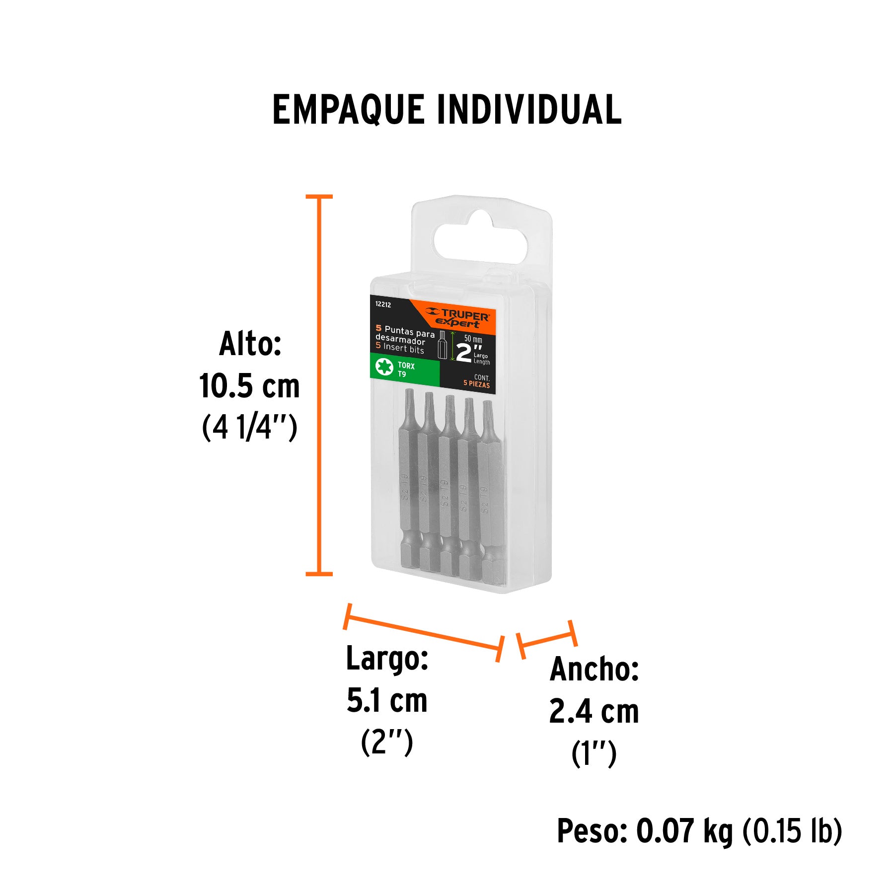 Estuche con 5 puntas torx T9 largo 2", TRUPER EXPERT - Empaque