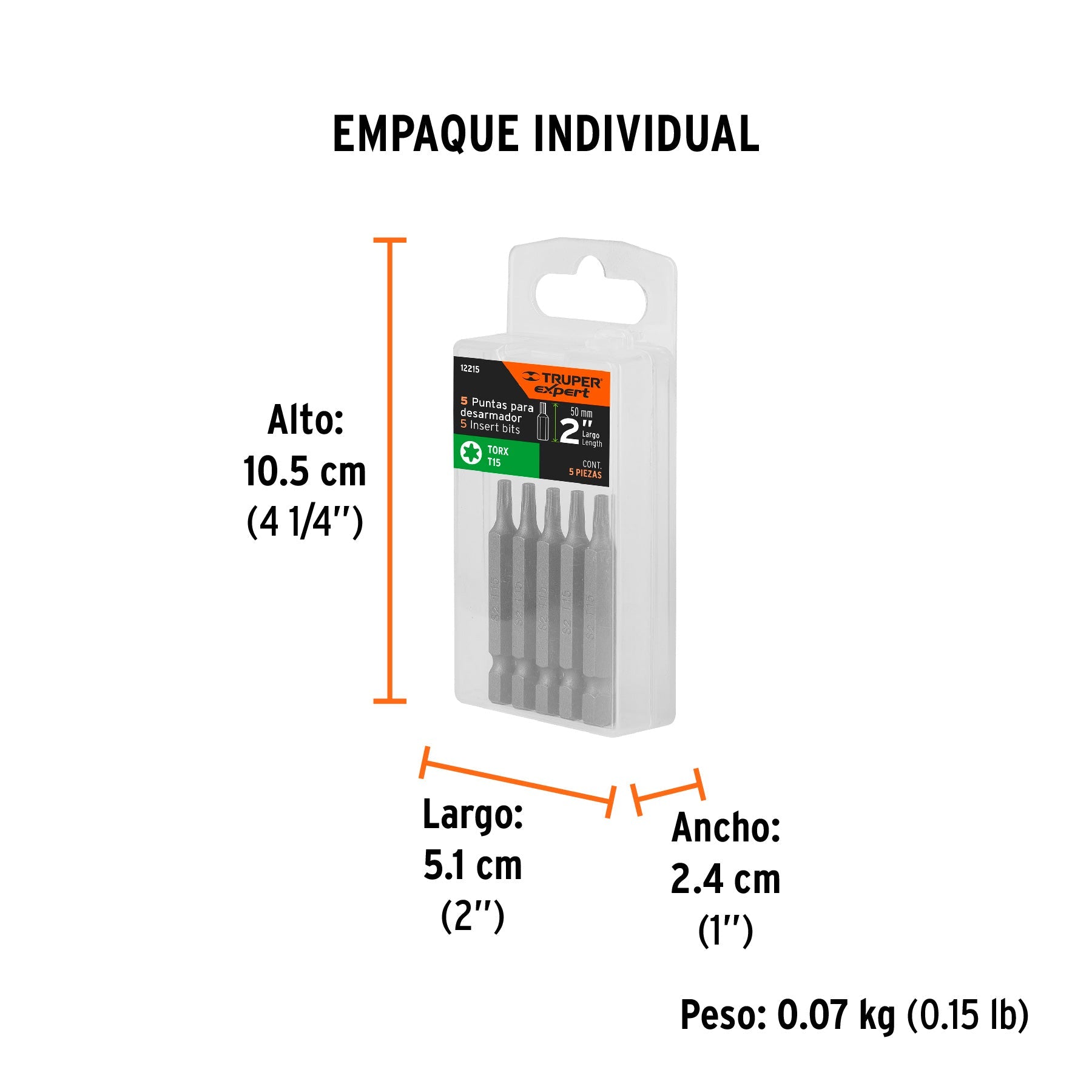 Estuche con 5 puntas torx T15 largo 2", TRUPER EXPERT - Empaque