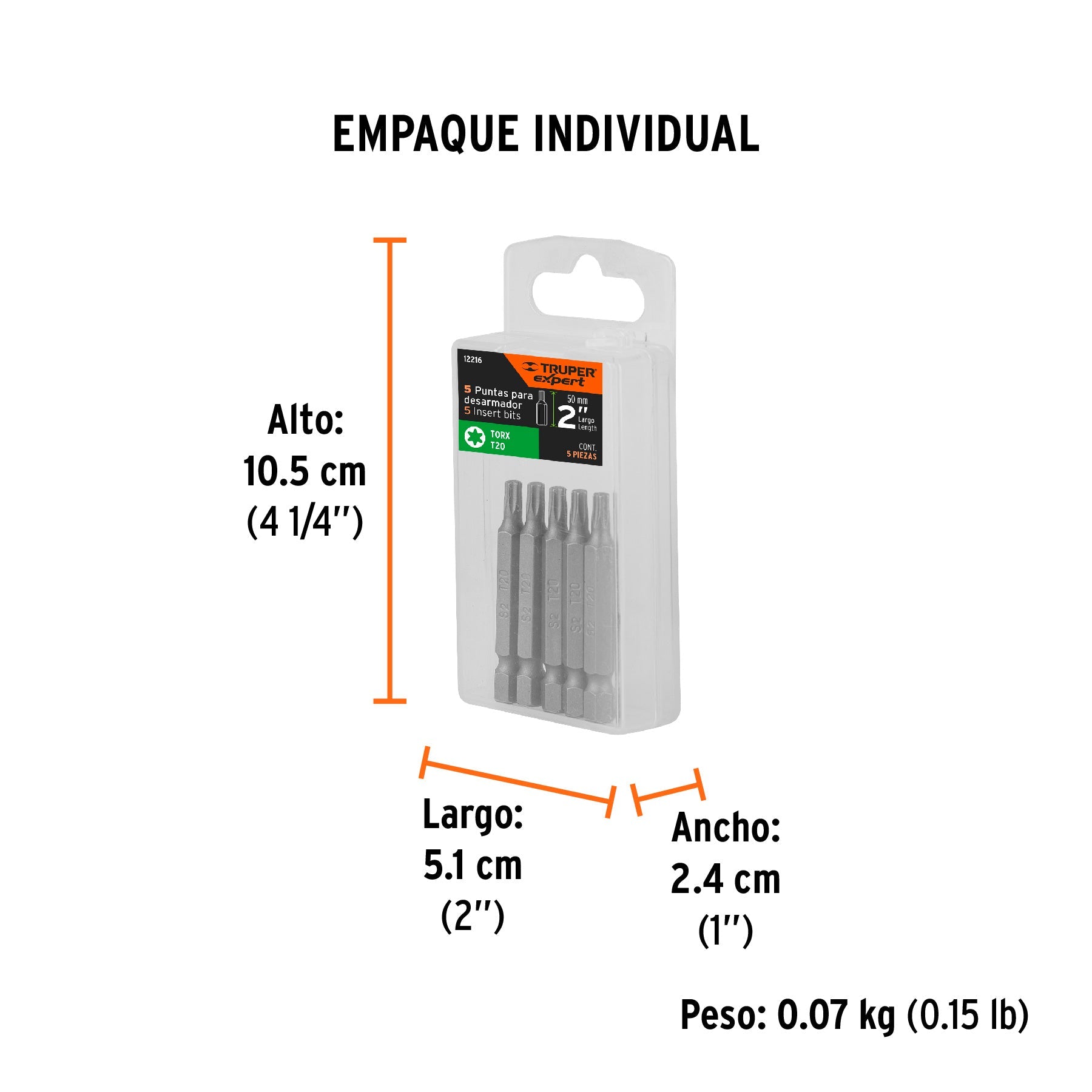 Estuche con 5 puntas torx T20 largo 2", TRUPER EXPERT - Empaque