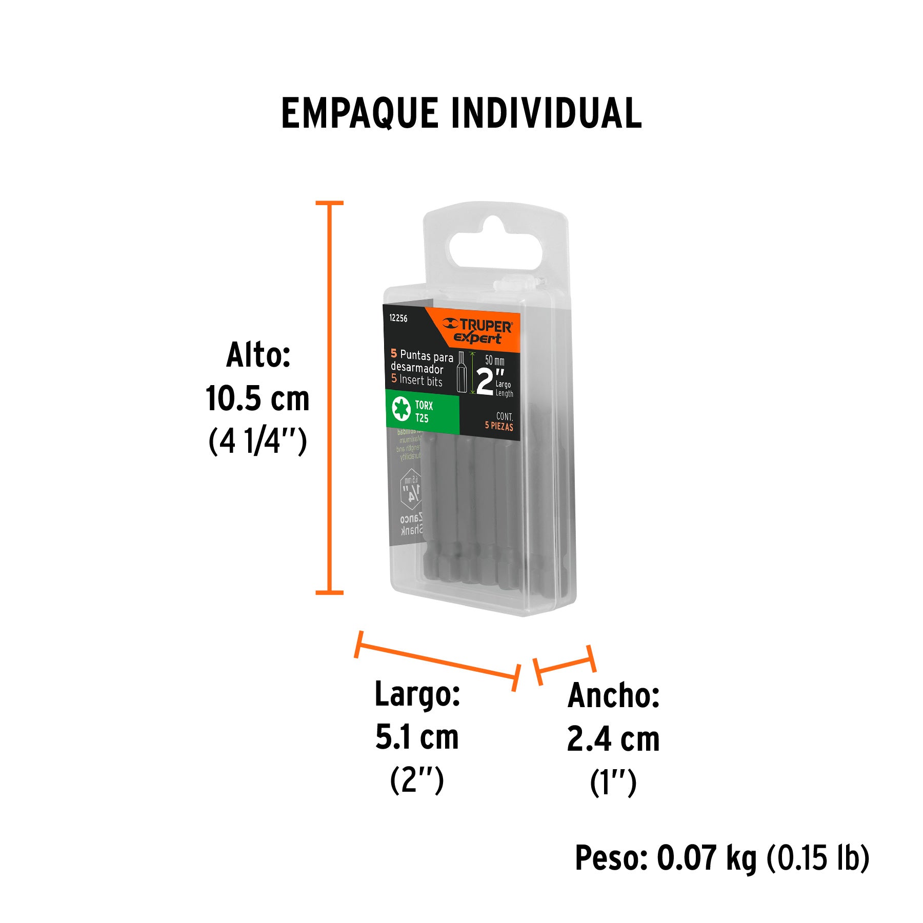 Estuche con 5 puntas torx T25 largo 2", TRUPER EXPERT - Empaque