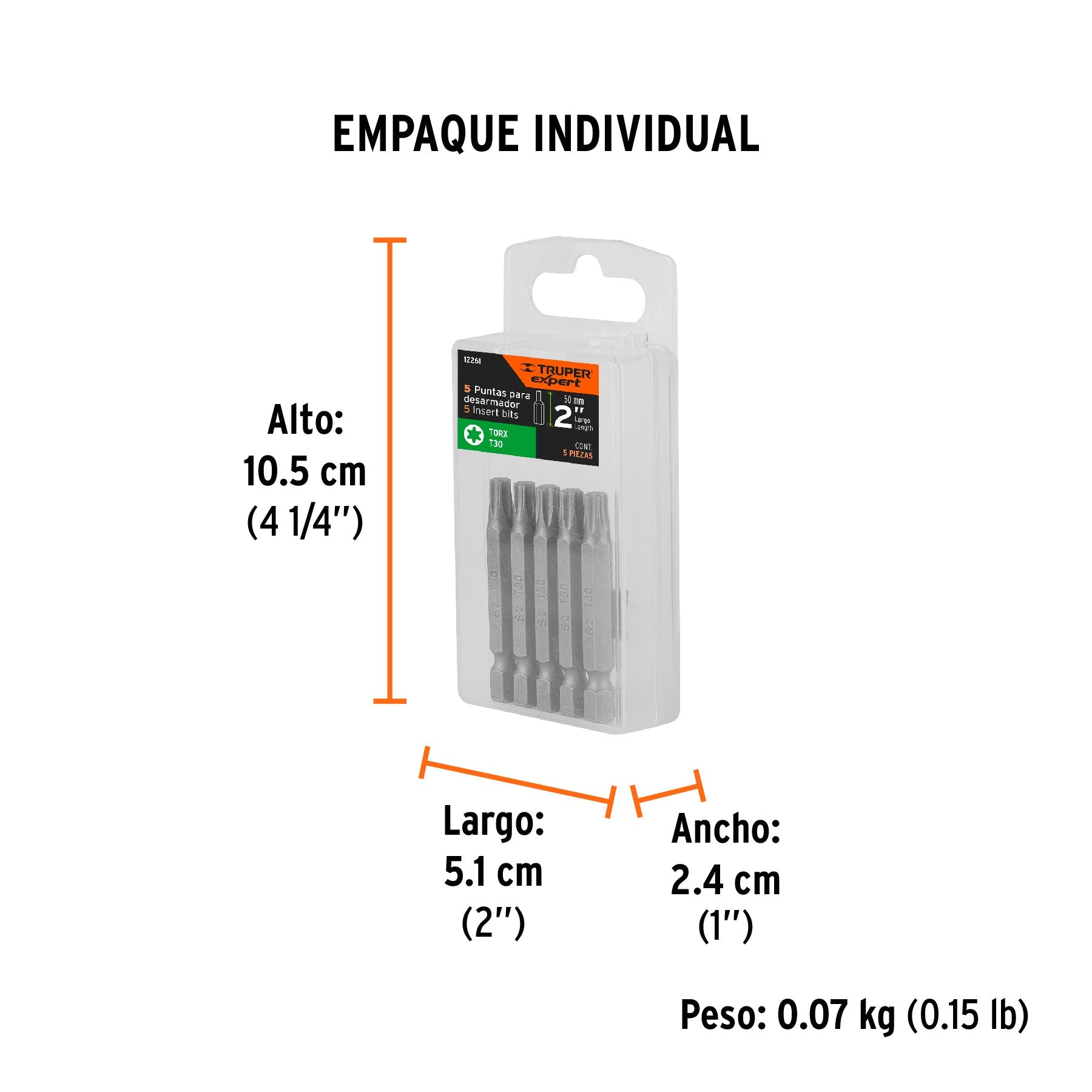 Estuche con 5 puntas torx T30 largo 2", TRUPER EXPERT - Empaque