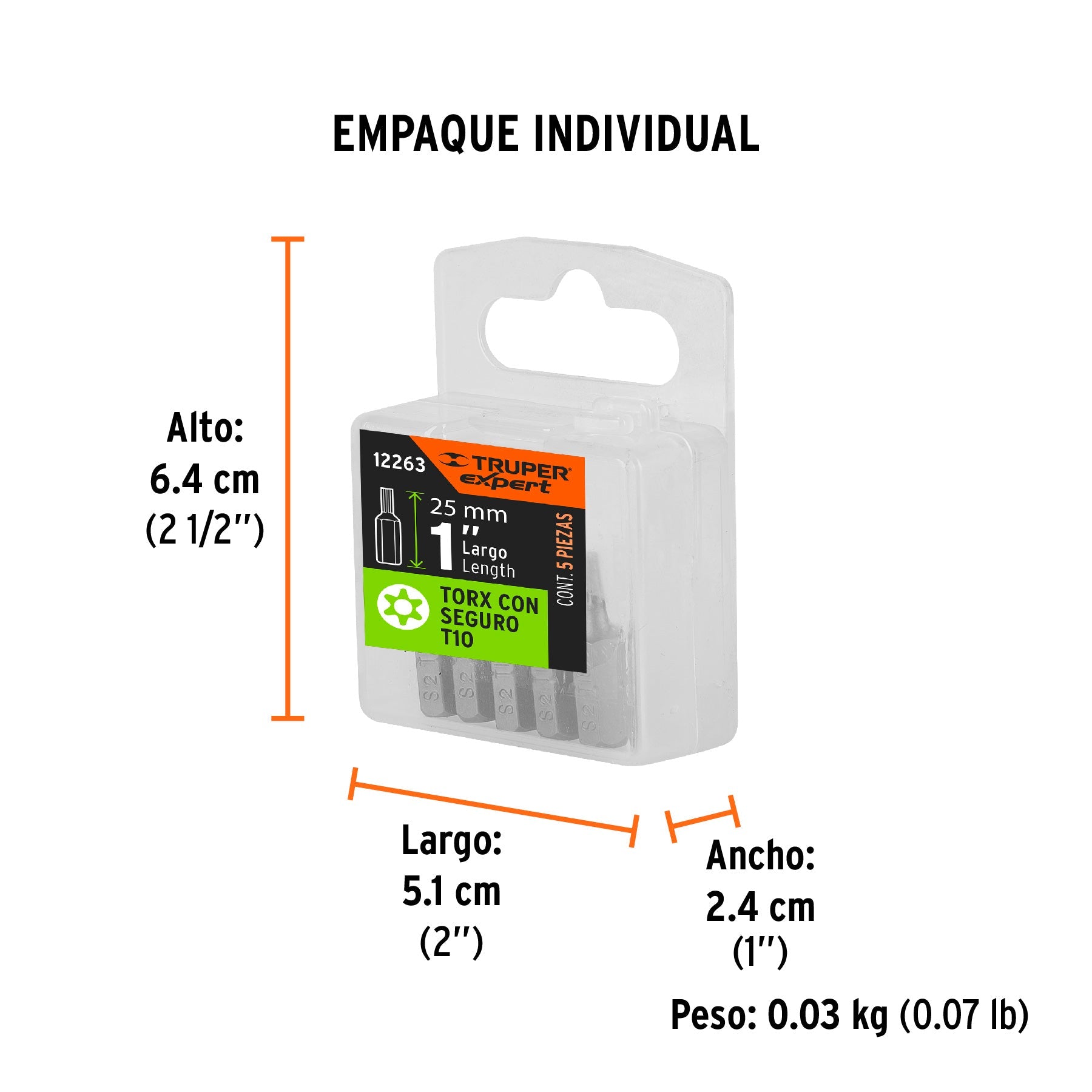Estuche con 5 puntas torx T10 con seguro largo 1", EXPERT - Empaque