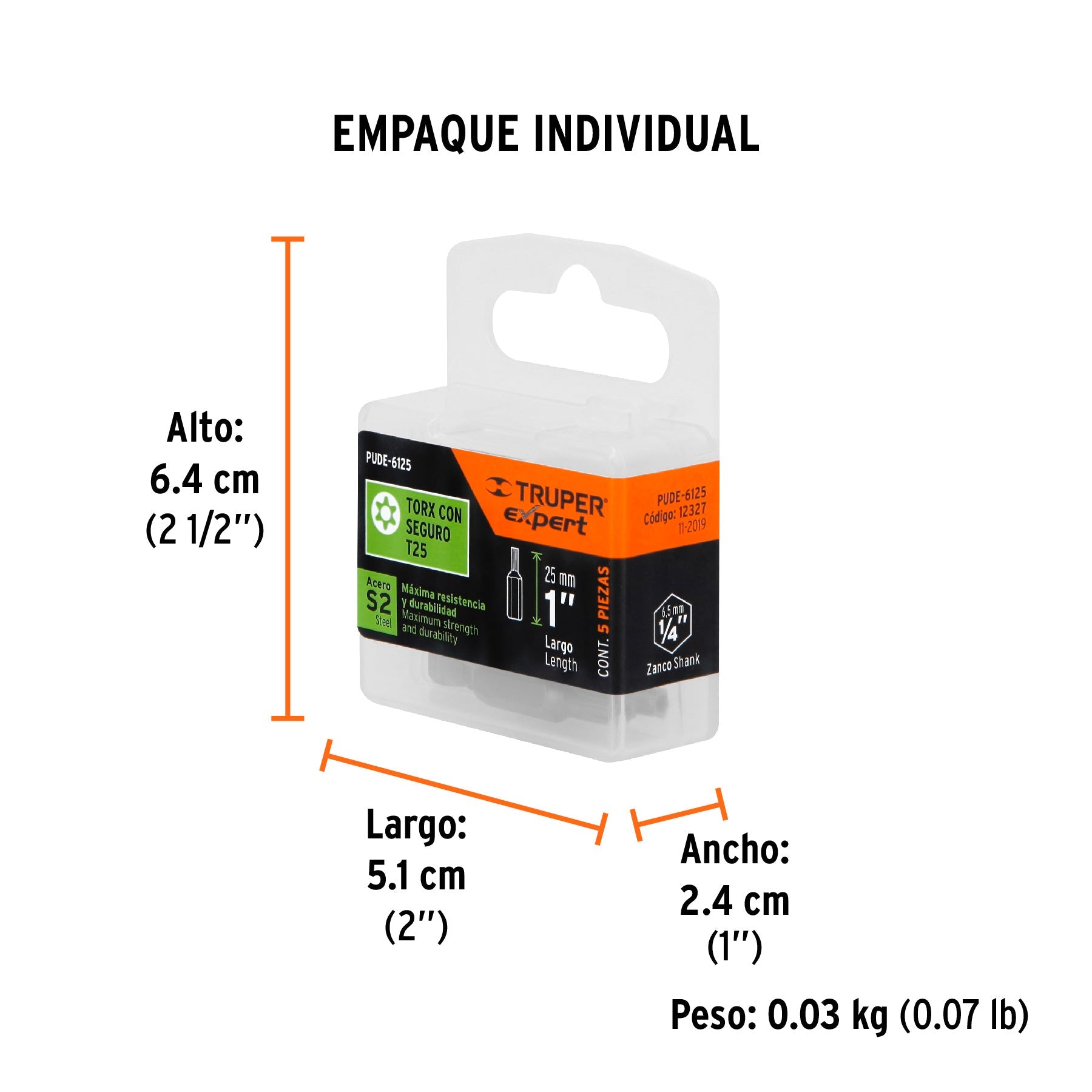 Estuche con 5 puntas torx T25 con seguro largo 1", EXPERT - Empaque
