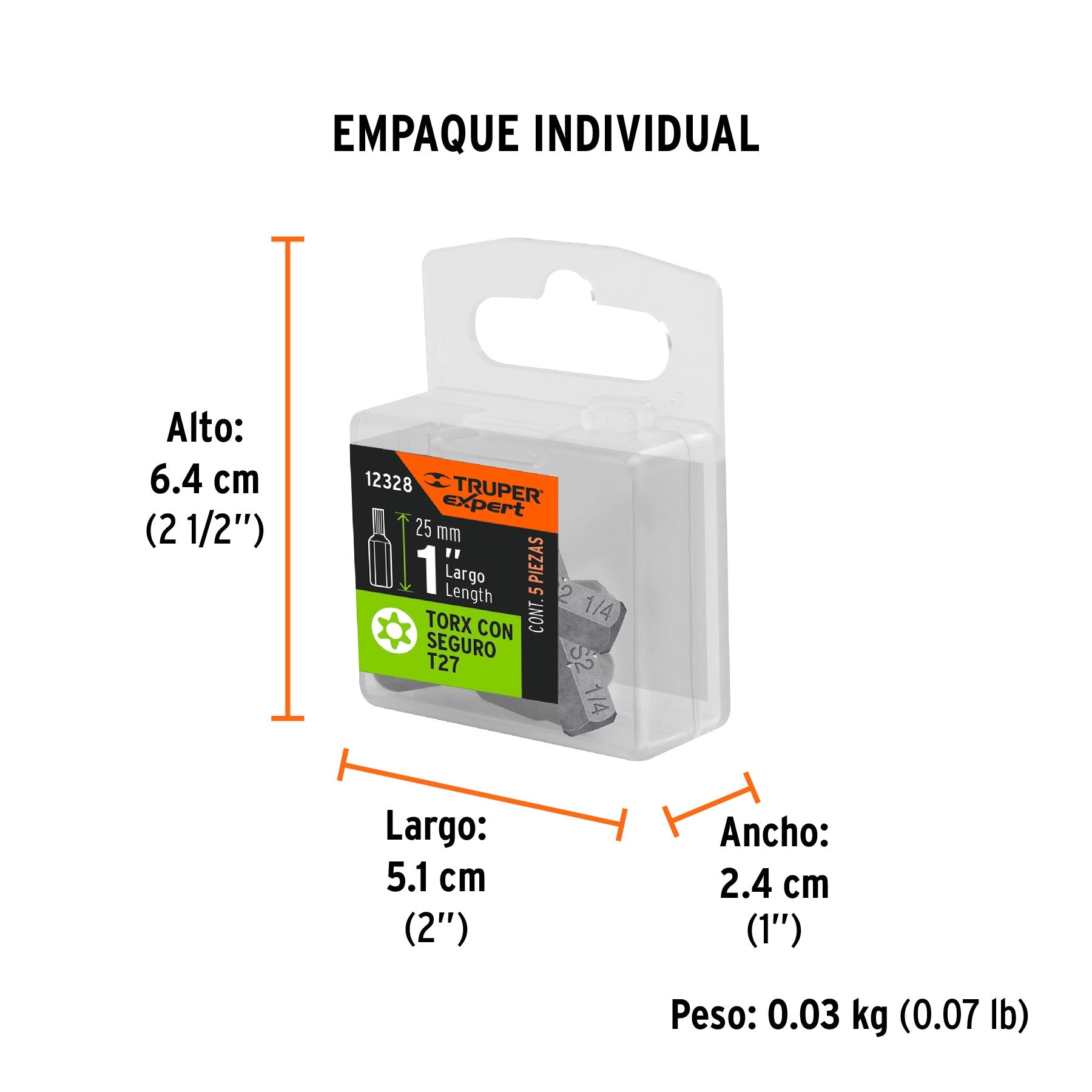 Estuche con 5 puntas torx T27 con seguro largo 1", EXPERT - Empaque