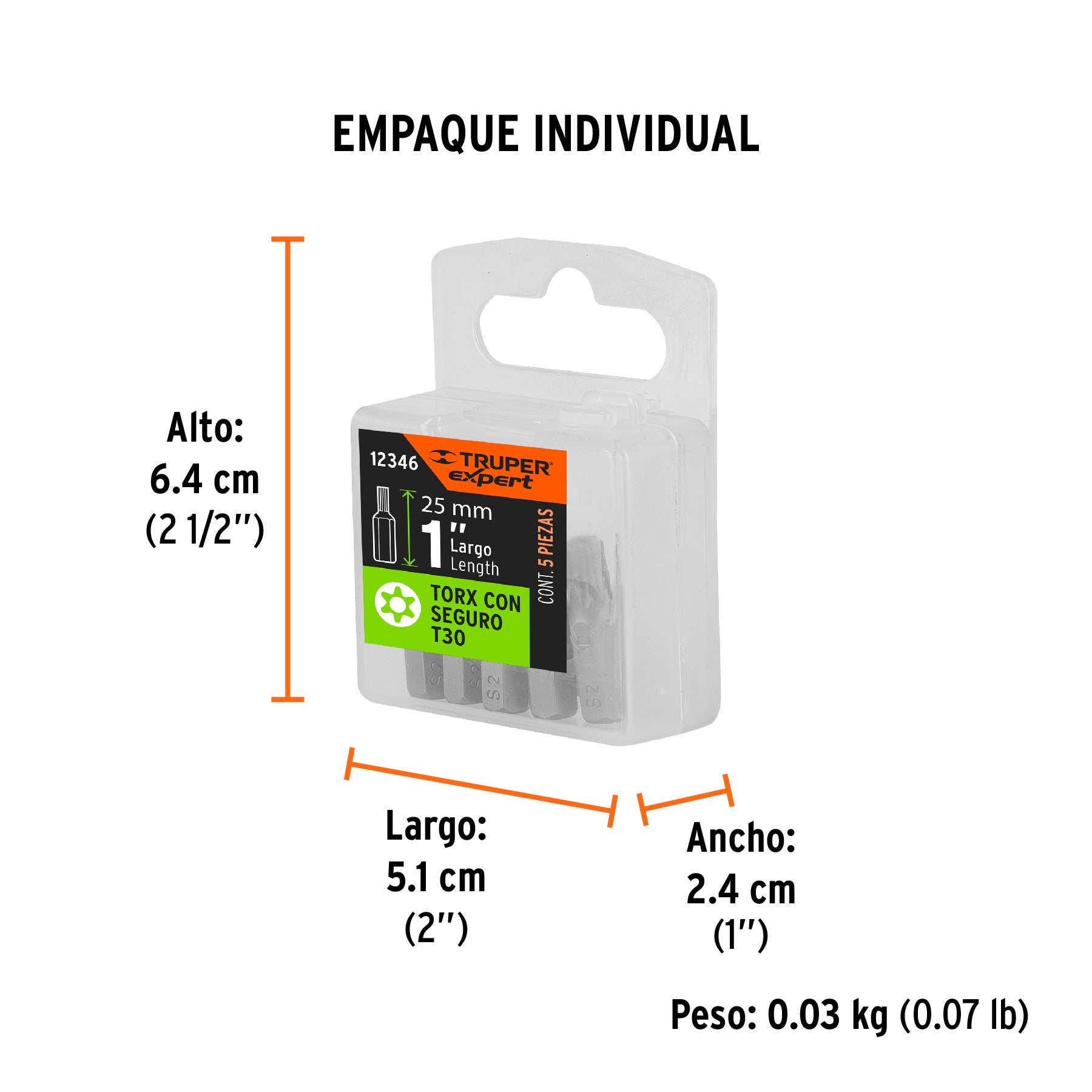 Estuche con 5 puntas torx T30 con seguro largo 1", EXPERT - Empaque