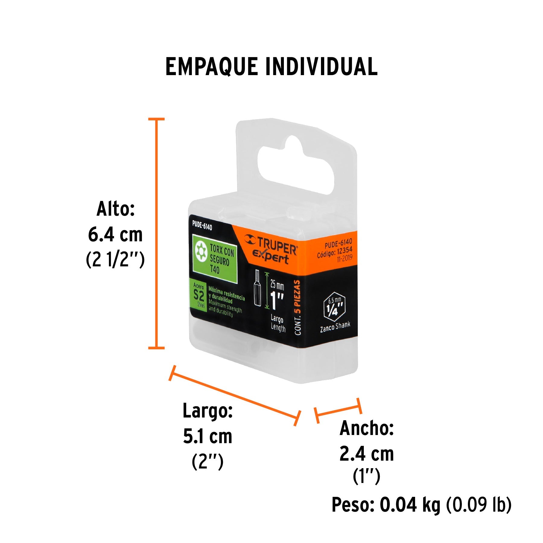 Estuche con 5 puntas torx T40 con seguro largo 1", EXPERT - Empaque