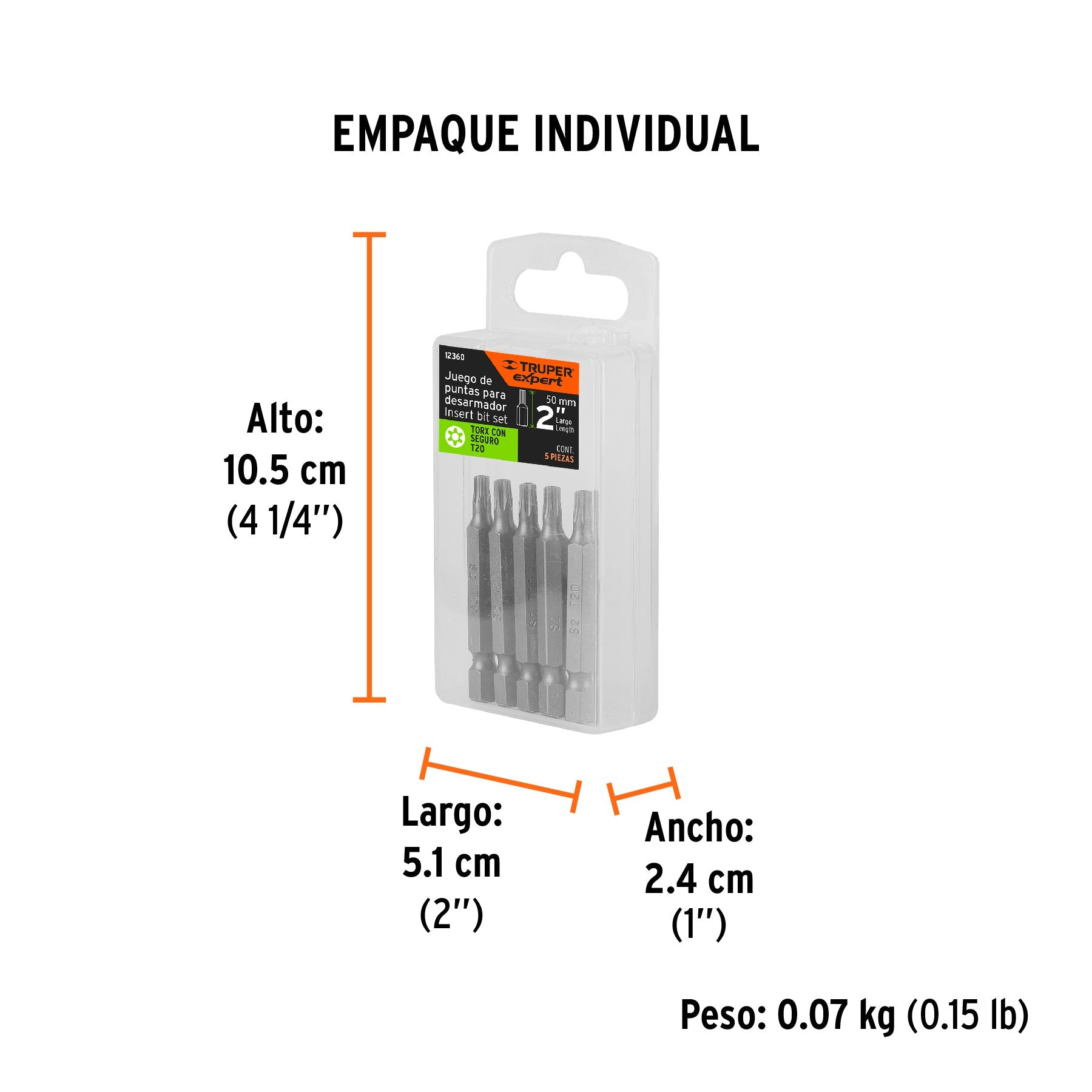 Estuche con 5 puntas torx T20 con seguro largo 2", EXPERT - Empaque