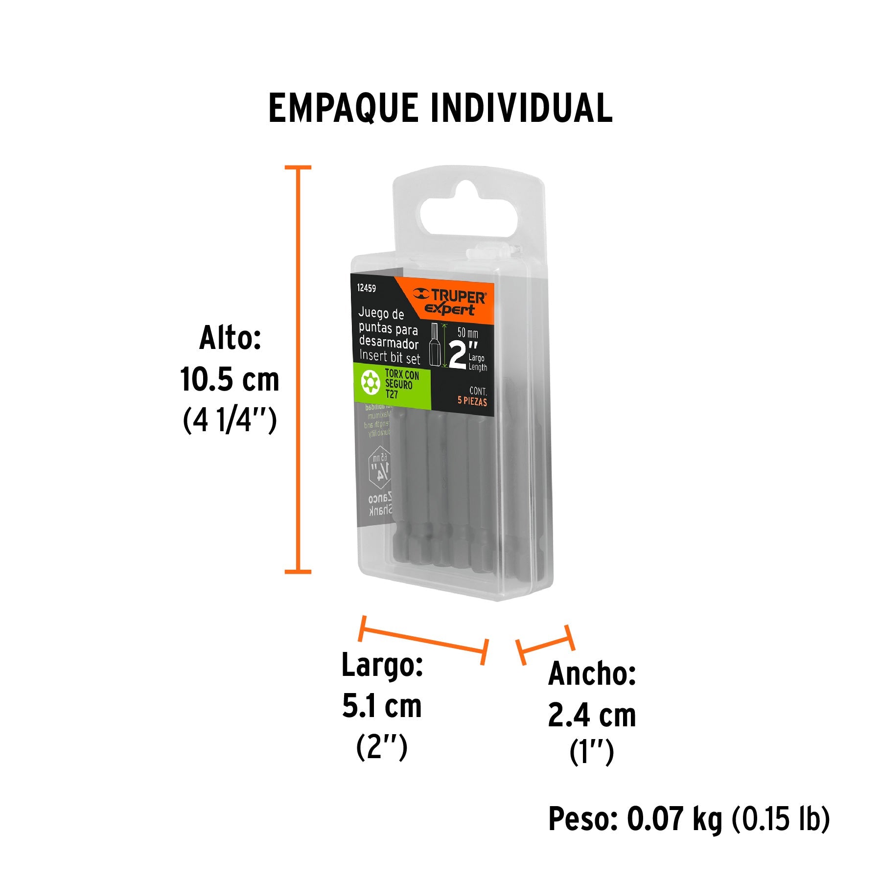 Estuche con 5 puntas torx T27 con seguro largo 2", EXPERT - Empaque