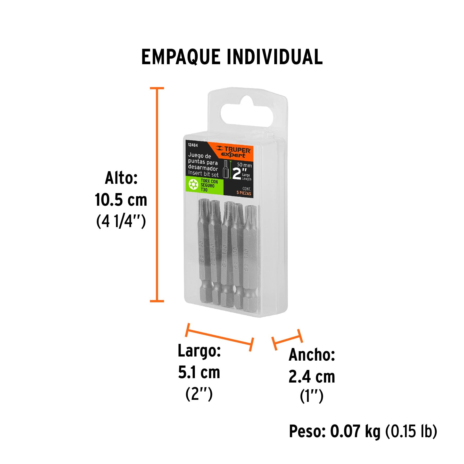 Estuche con 5 puntas torx T30 con seguro largo 2", EXPERT - Empaque