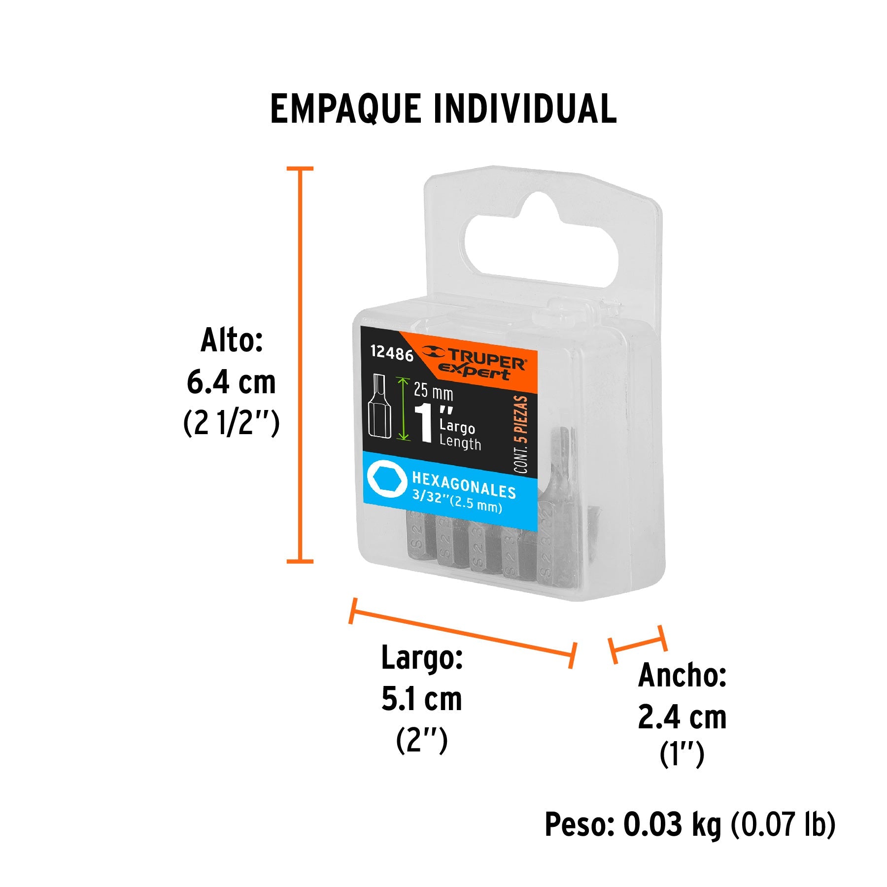 Estuche con 5 puntas hexagonales de 3/32mm largo 1", EXPERT - Empaque
