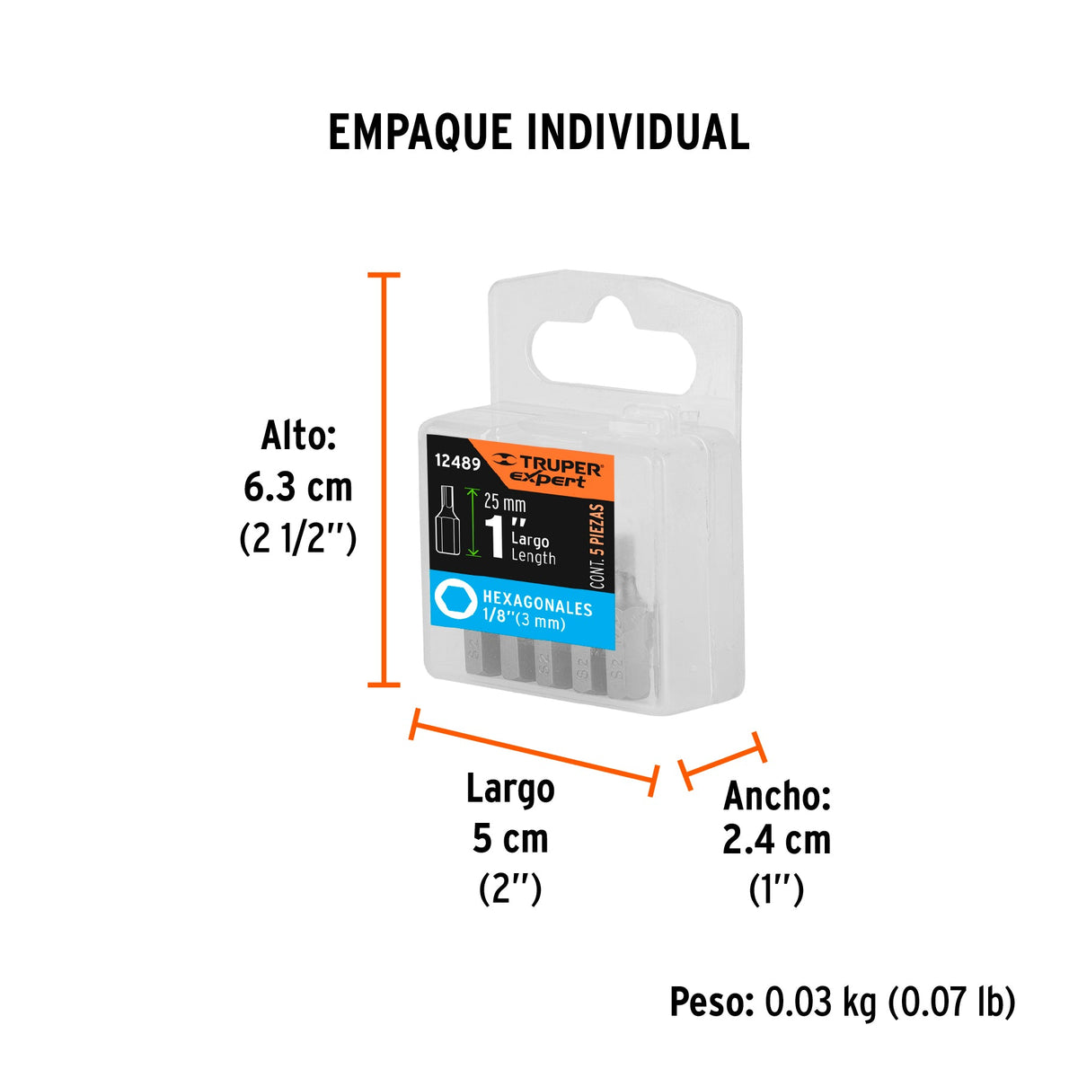 Estuche con 5 puntas hexagonales de 1/8mm largo 1", EXPERT - Empaque