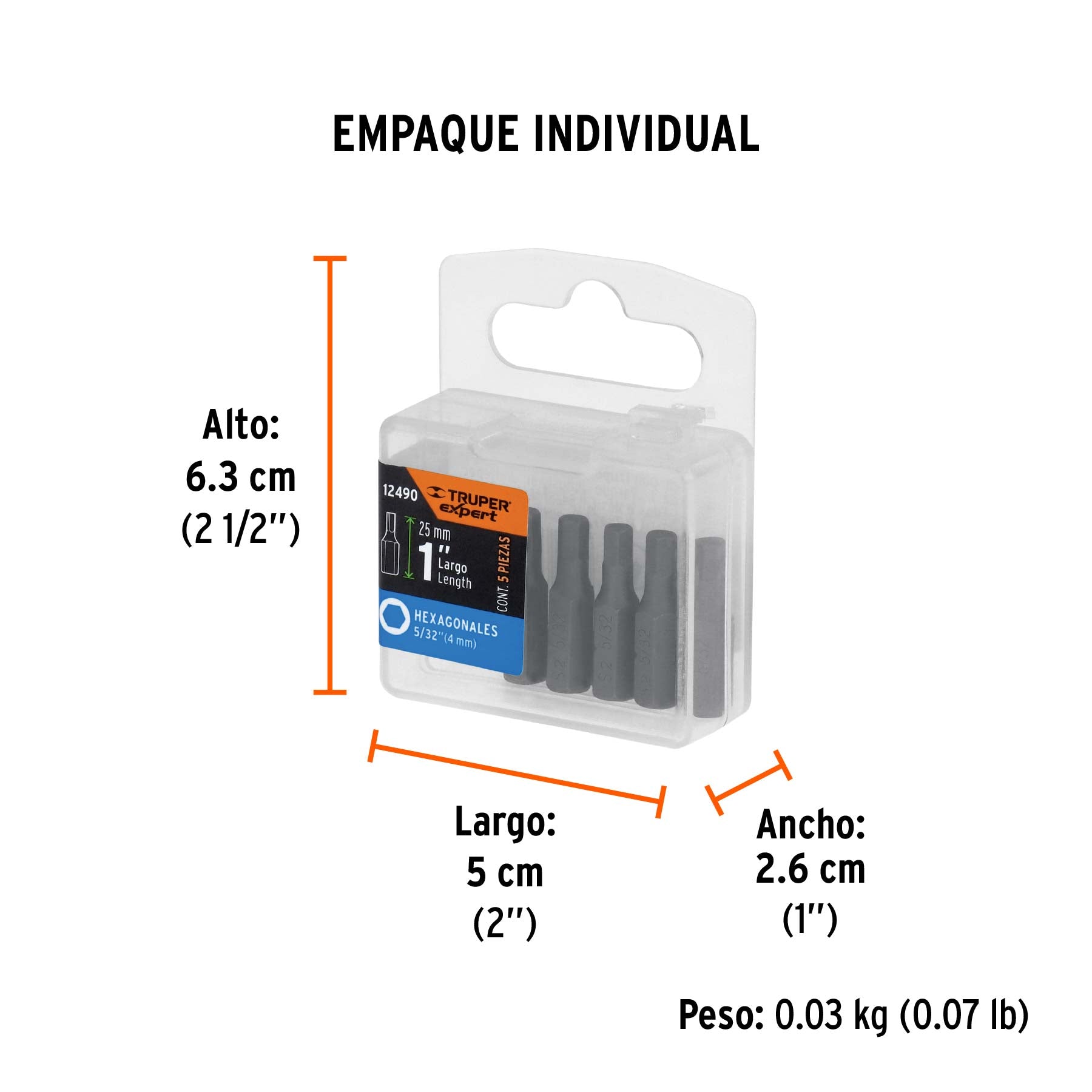 Estuche con 5 puntas hexagonales de 5/32mm largo 1", EXPERT - Empaque