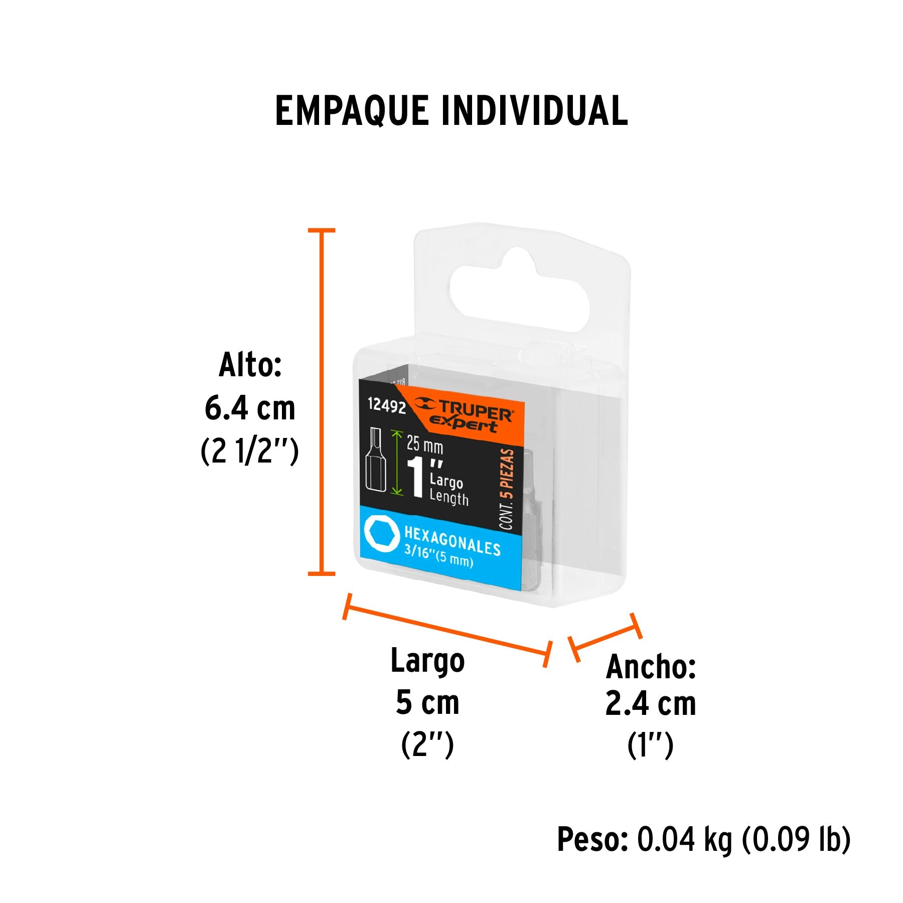 Estuche con 5 puntas hexagonales de 3/16mm largo 1", EXPERT - Empaque