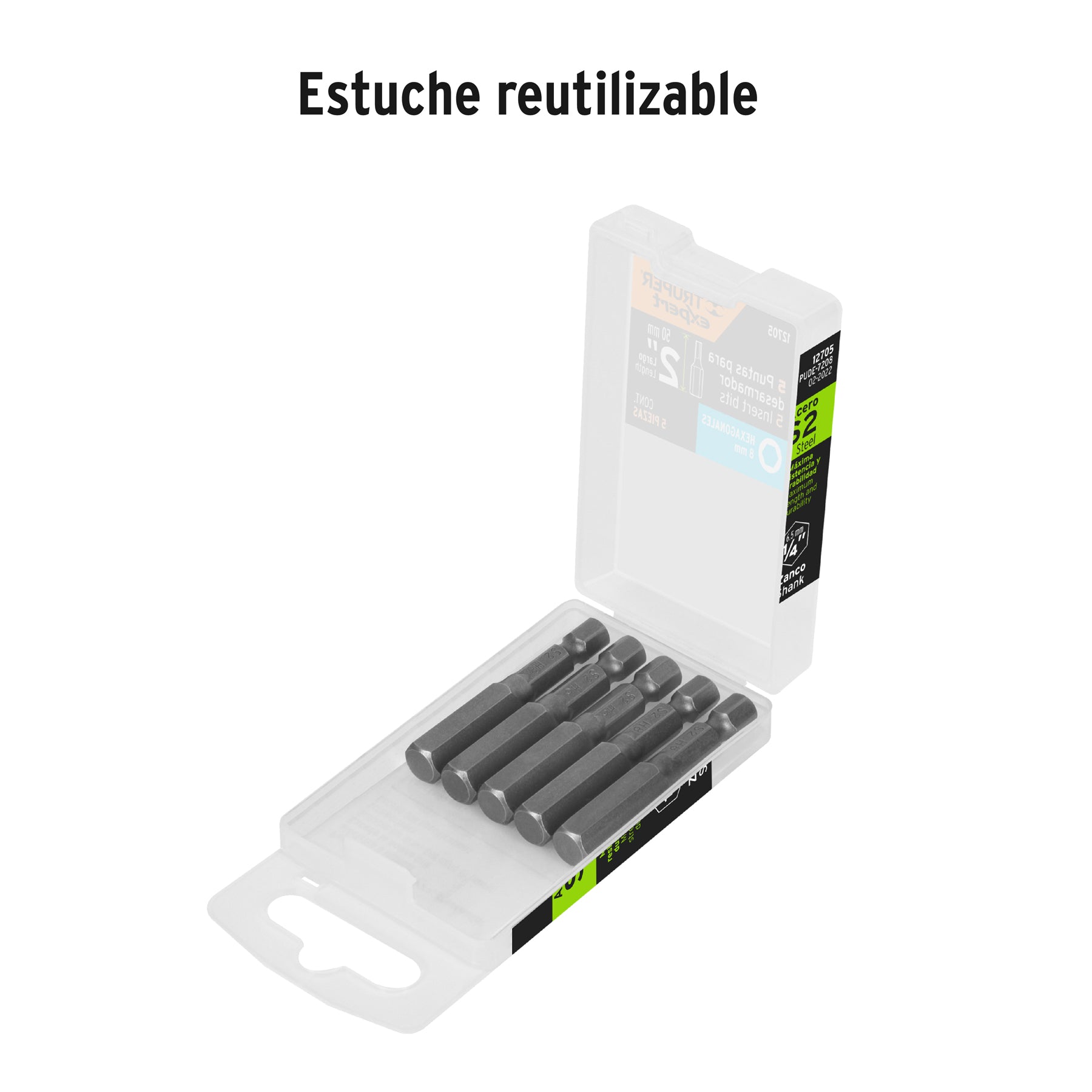 Estuche con 5 puntas hexagonales de 8 mm largo 2", EXPERT