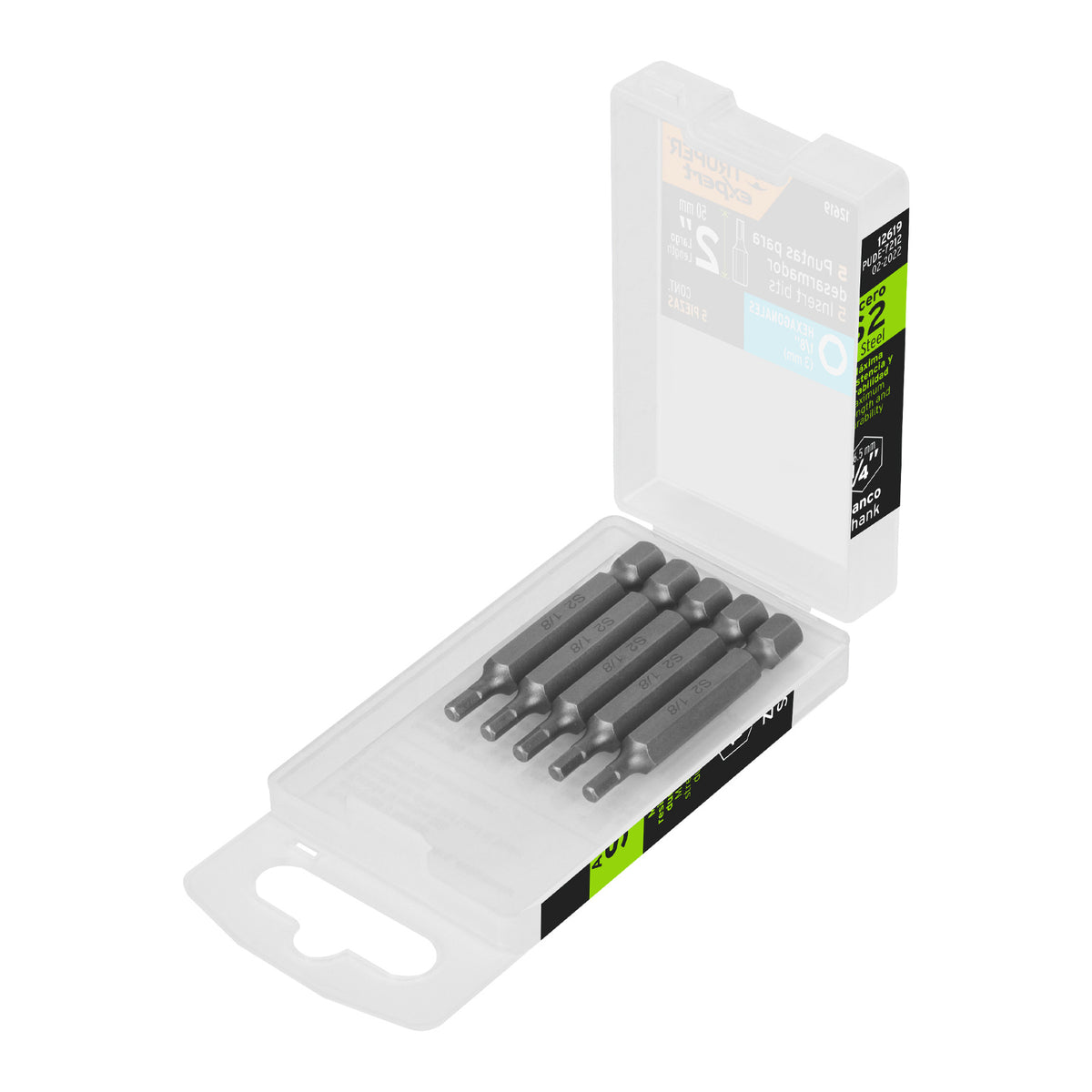 Estuche con 5 puntas hexagonales de 1/8mm largo 2", EXPERT
