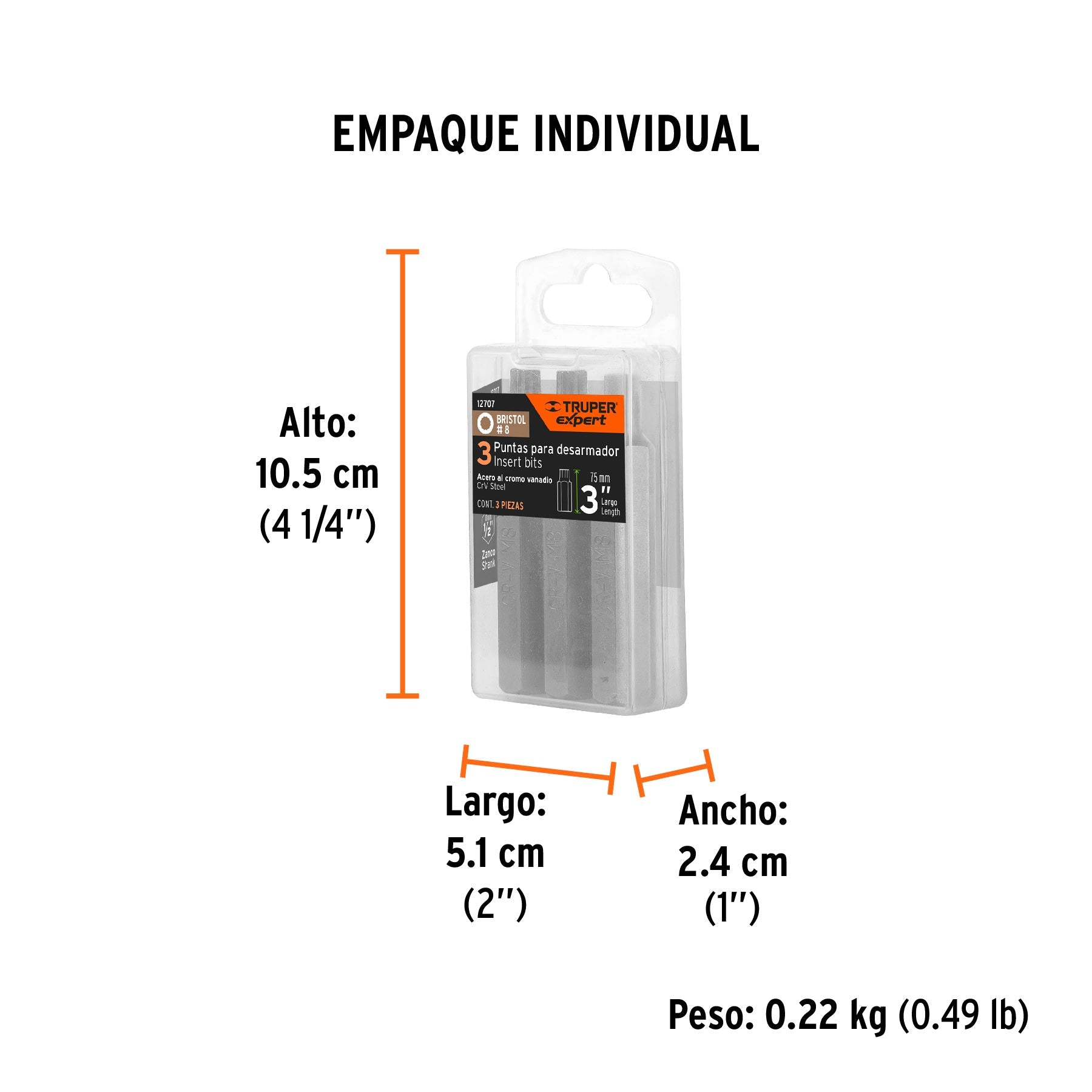 Estuche con 3 puntas bristol M8 largo 3", TRUPER EXPERT - Empaque