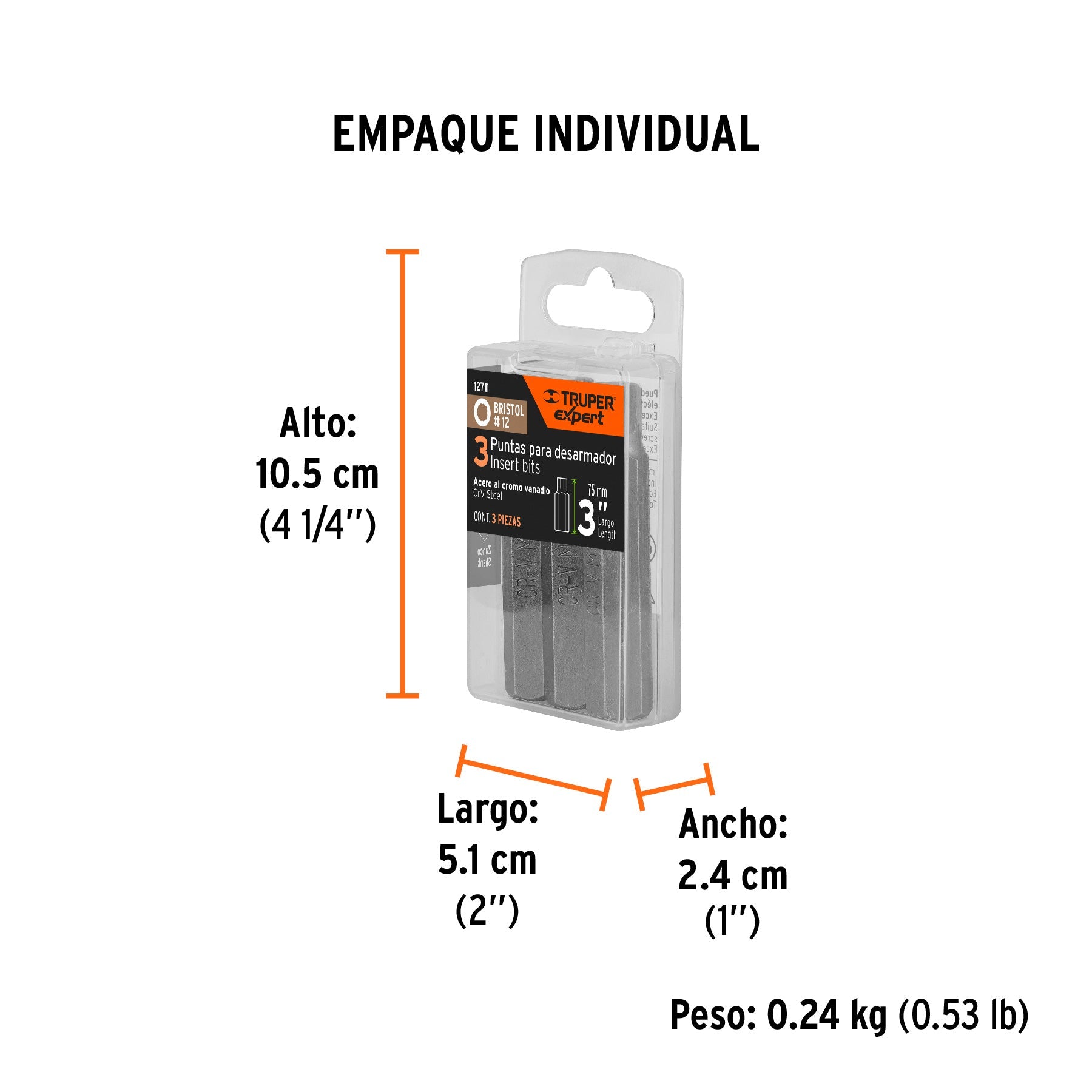 Estuche con 3 puntas bristol M12 largo 3", TRUPER EXPERT - Empaque