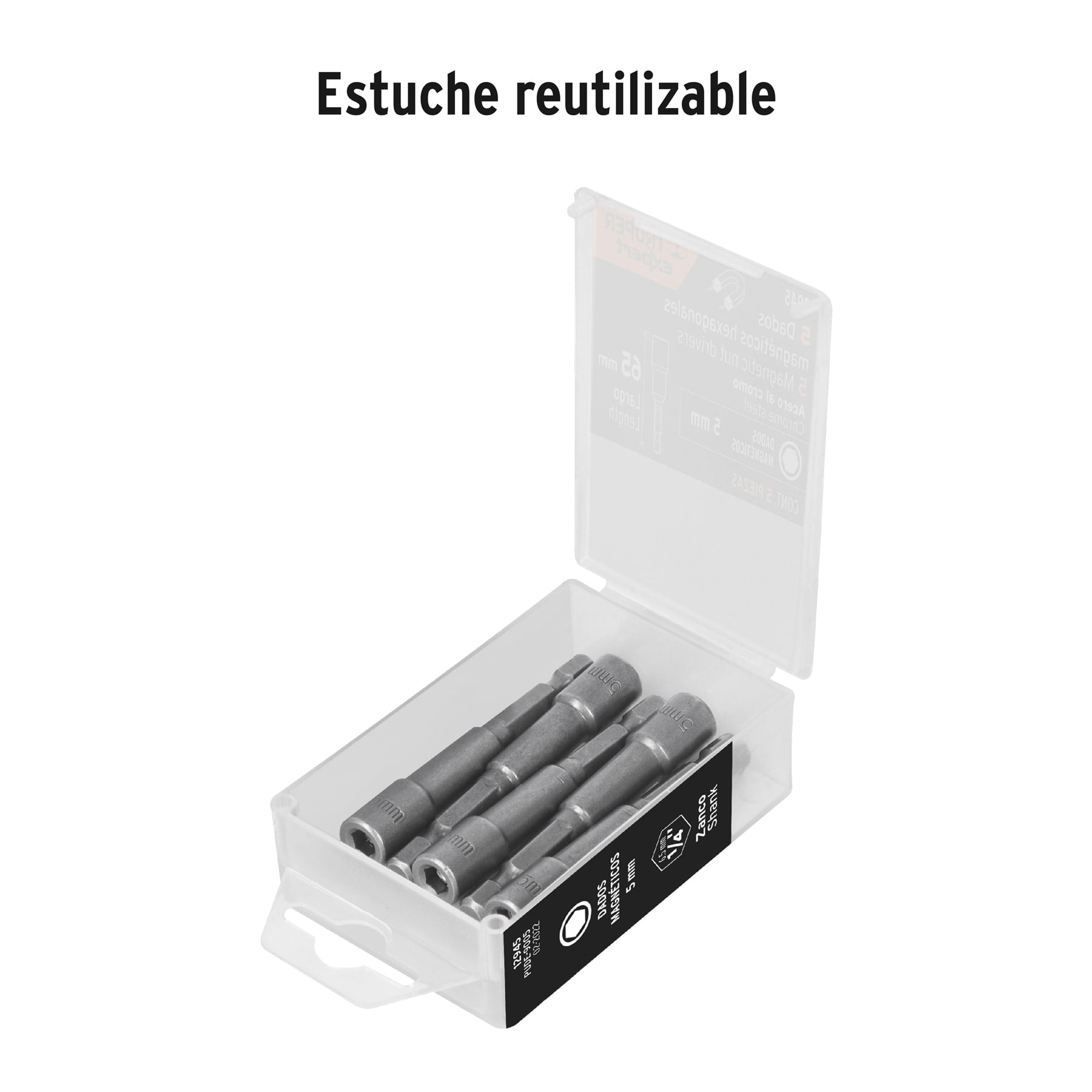 Estuche con 5 dados magnéticos de 5 mm largo 2-1/2", EXPERT