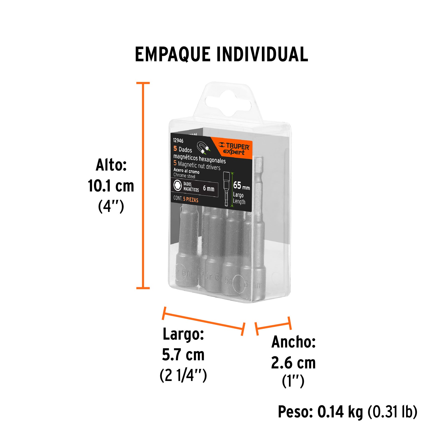 Estuche con 5 dados magnéticos de 6 mm largo 2-1/2", EXPERT - Empaque