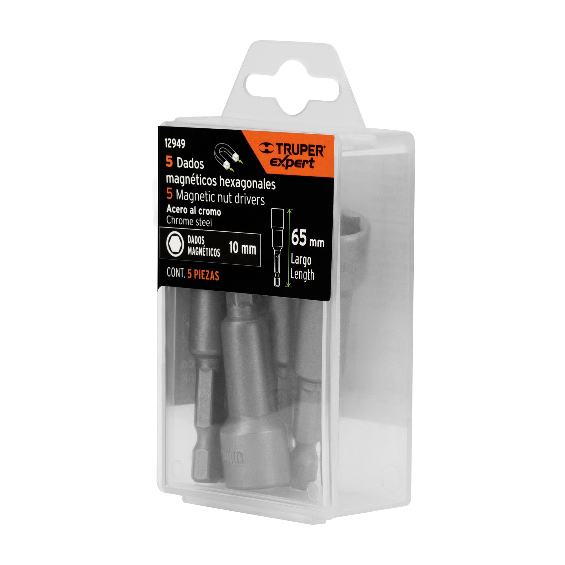 Estuche con 5 dados magnéticos de 10 mm largo 2-1/2", EXPERT