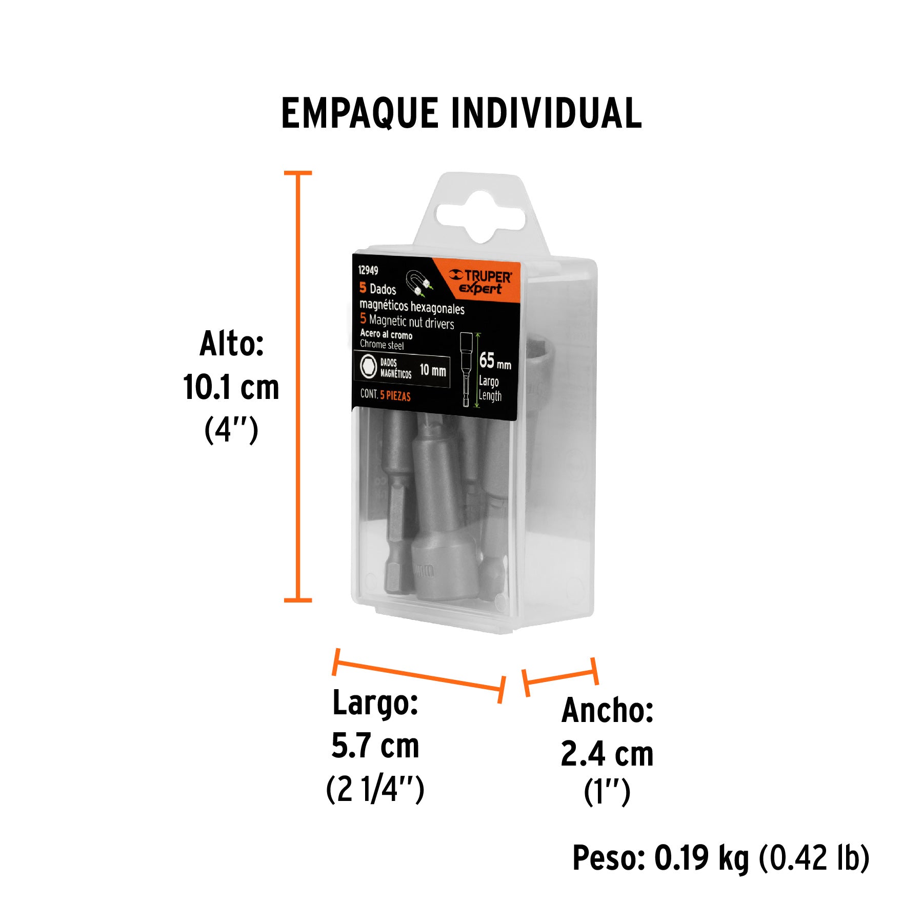 Estuche con 5 dados magnéticos de 10 mm largo 2-1/2", EXPERT - Empaque