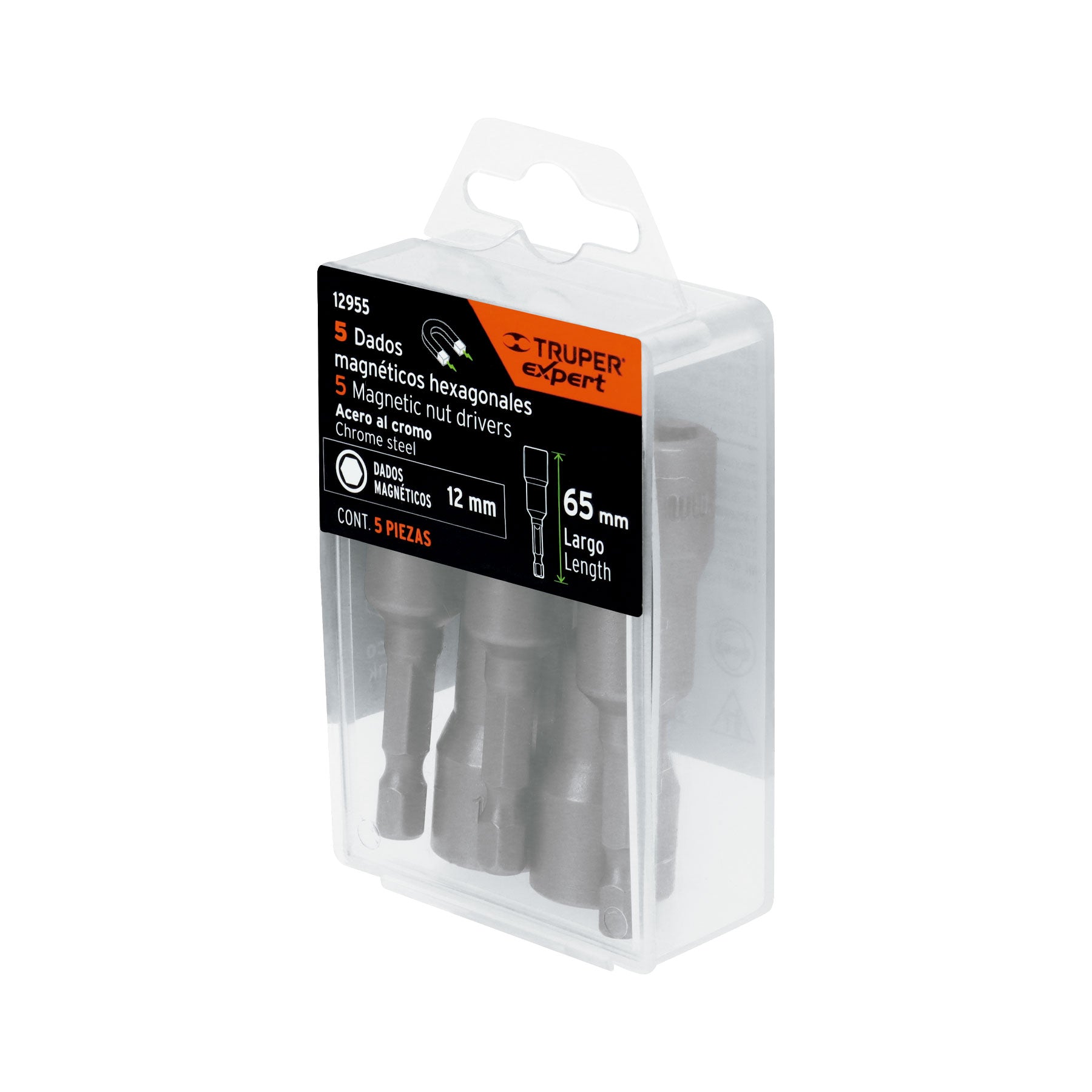 Estuche con 5 dados magnéticos de 12 mm largo 2-1/2", EXPERT