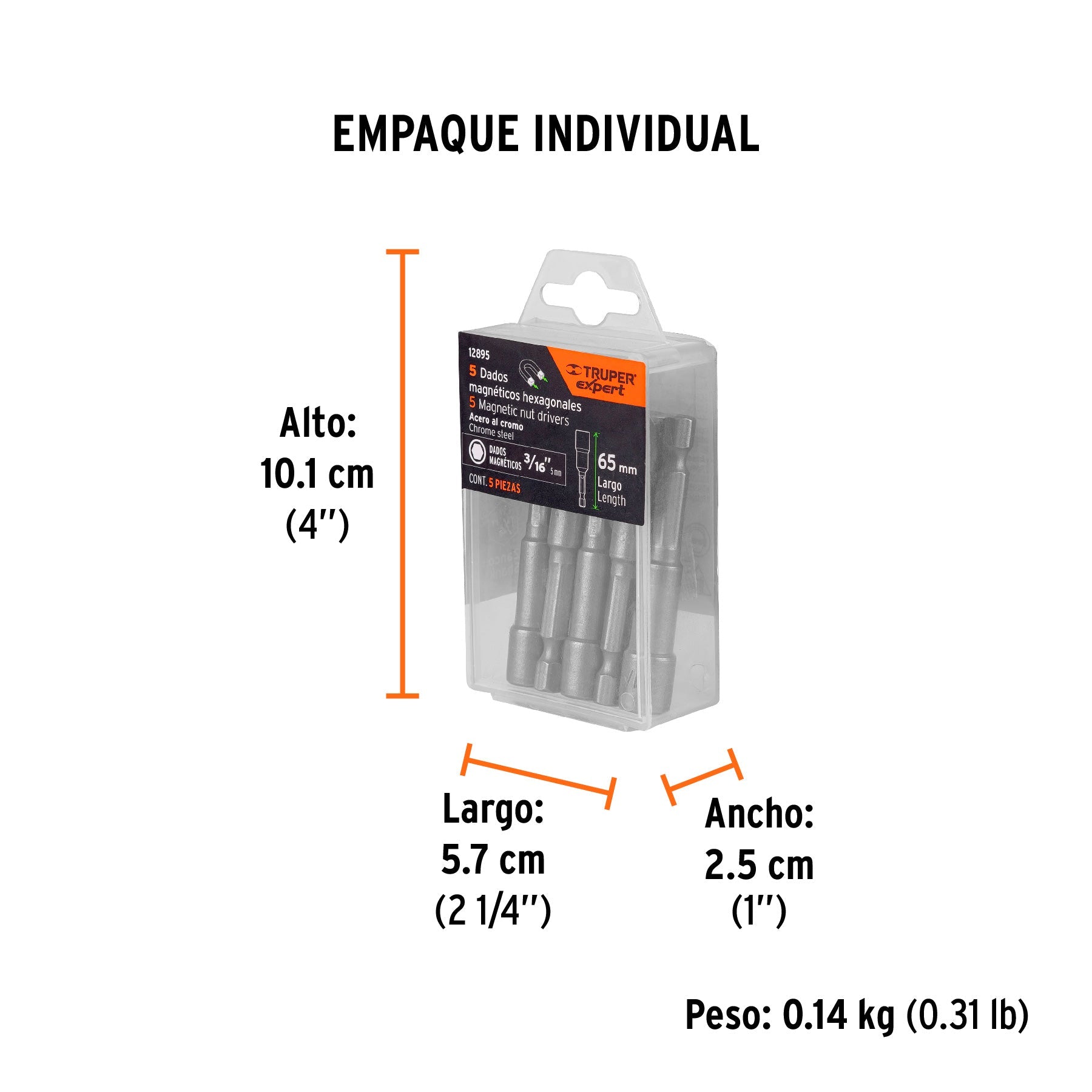 Estuche con 5 dados magnéticos de 3/16" largo 2-1/2", EXPERT - Empaque