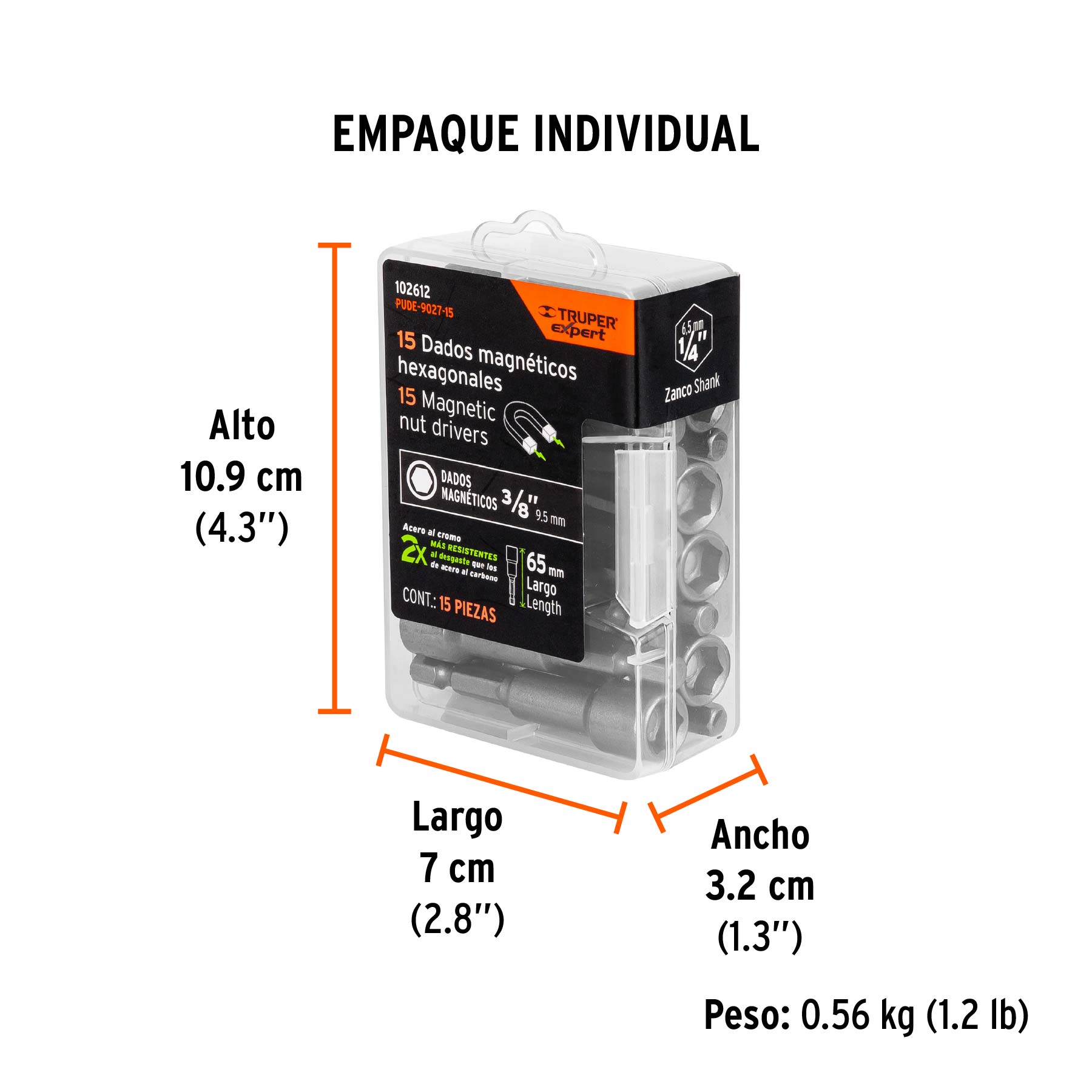 Estuche con 15 dados magnéticos de 3/8" largo 2-1/2", EXPERT - Empaque