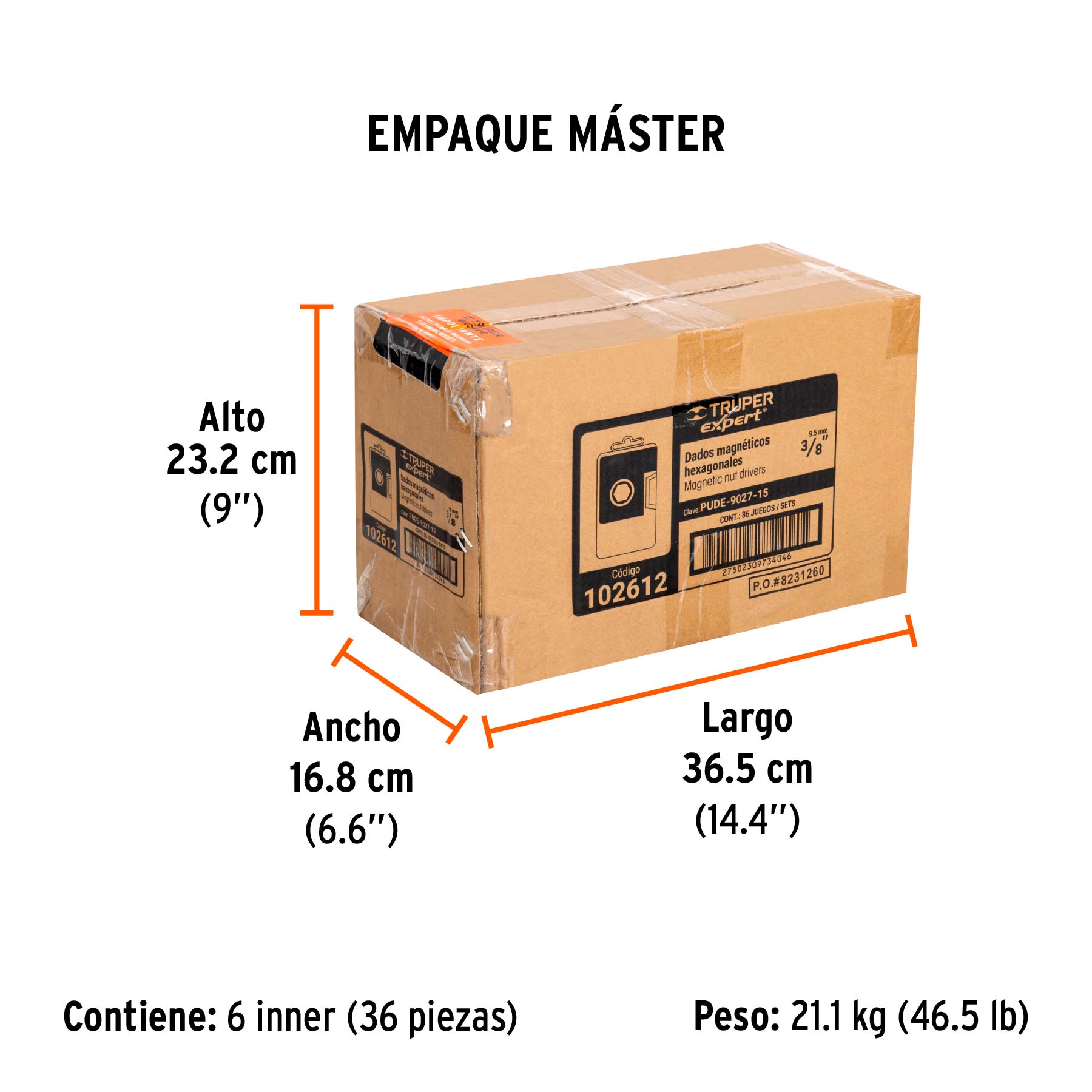 Estuche con 15 dados magnéticos de 3/8" largo 2-1/2", EXPERT - Empaque