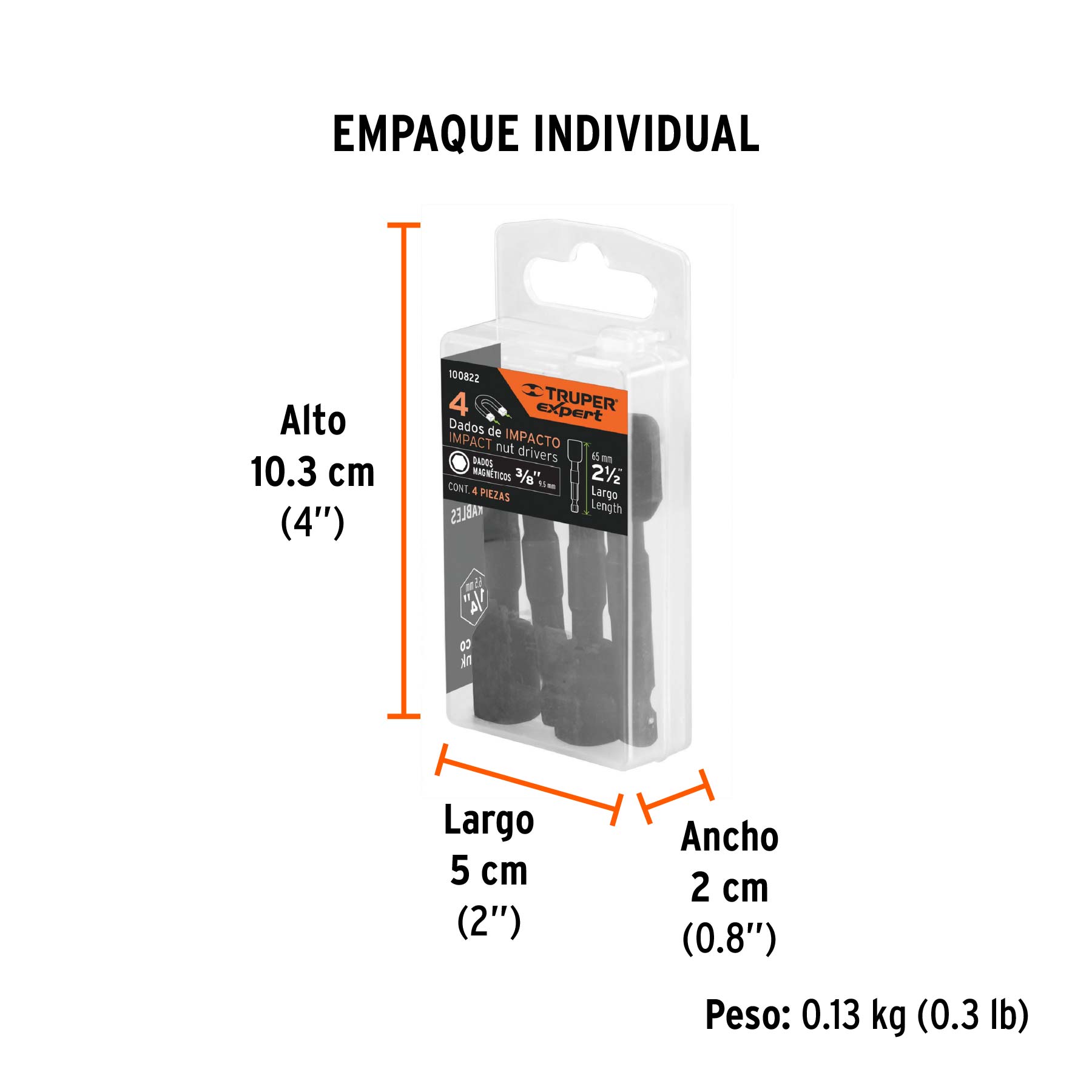 Estuche con 4 dados magnéticos de impacto 3/8" largo 2-1/2" - Empaque