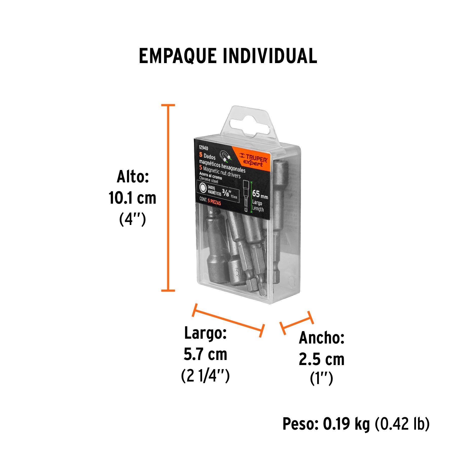 Estuche con 5 dados magnéticos de 3/8" largo 2-1/2", EXPERT - Empaque