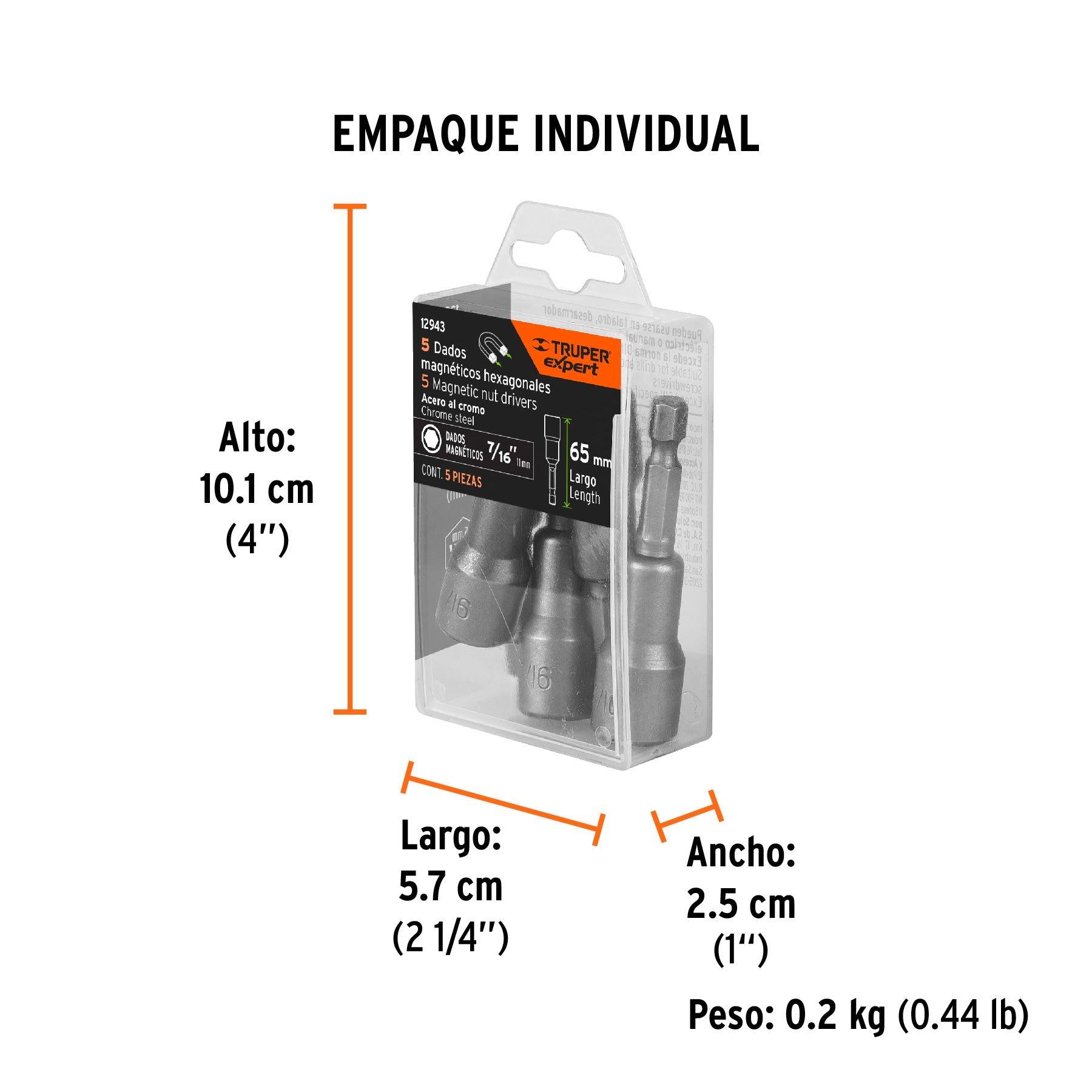 Estuche con 5 dados magnéticos de 7/16" largo 2-1/2", EXPERT - Empaque